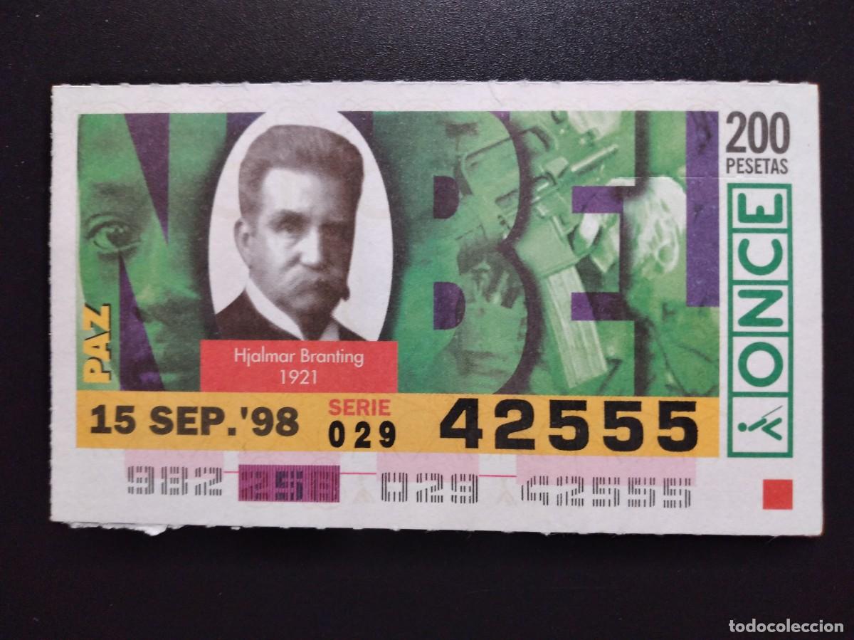 Cupones ONCE: CUP&Oacute;N ONCE PREMIOS NOBEL PAZ HJALMAR BRANTING 1921 15 SEPTIEMBRE 98 1998 42555