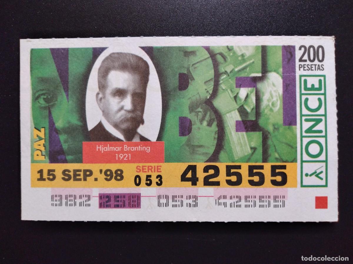 Cupones ONCE: CUP&Oacute;N ONCE PREMIOS NOBEL PAZ HJALMAR BRANTING 1921 15 SEPTIEMBRE 98 1998 42555