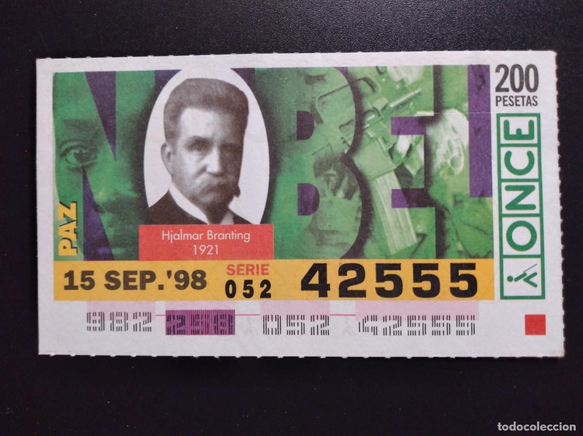 Cupones ONCE: CUP&Oacute;N ONCE PREMIOS NOBEL PAZ HJALMAR BRANTING 1921 15 SEPTIEMBRE 98 1998 42555