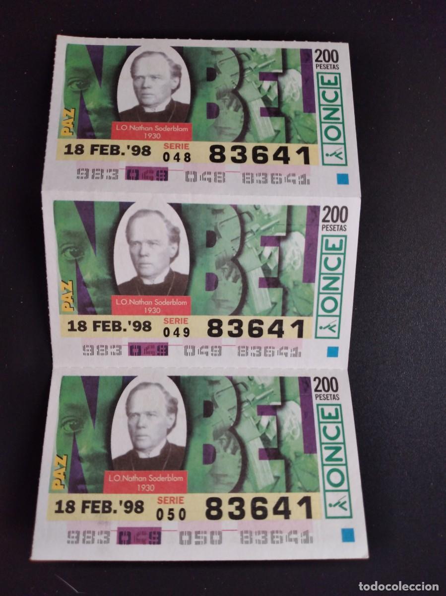 Cupones ONCE: 3 CUP&Oacute;N ONCE PREMIOS NOBEL PAZ L. O. NATHAN SODERBLOM 1930 18 FEBRERO 98 1998 83641