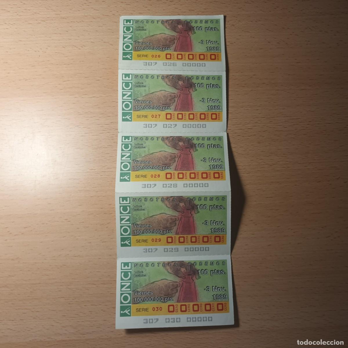 Cupones ONCE: Cupones Once bloque de 5 cupones 3 Noviembre 1989 numeracion 00000