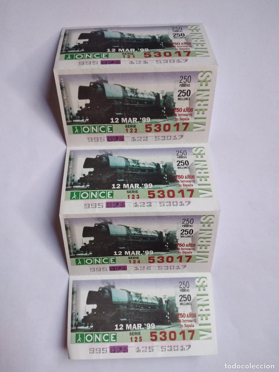 Cupones ONCE: 5 CUP&Oacute;N ONCE 150 A&Ntilde;OS DEL FERROCARRIL EN ESPA&Ntilde;A TREN LOCOMOTORA VAPOR MONTA&Ntilde;A 12 MARZO 99 1999 53017