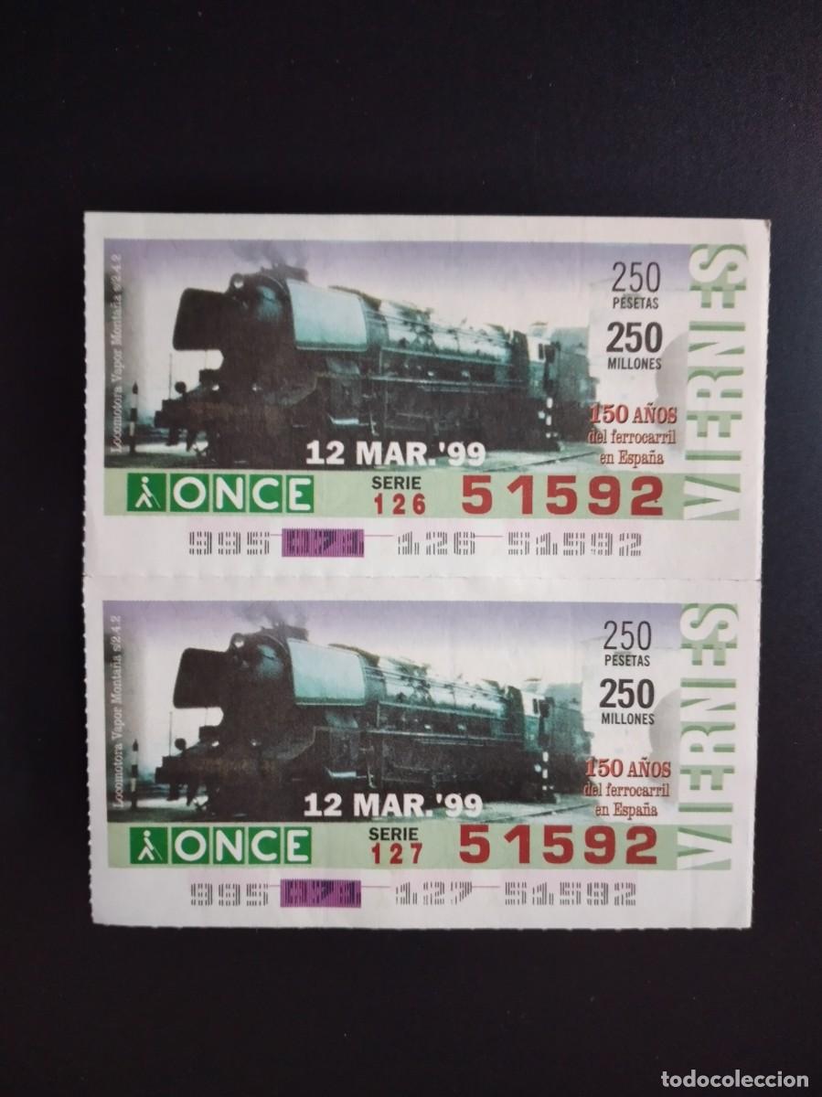 Cupones ONCE: 2 CUP&Oacute;N ONCE 150 A&Ntilde;OS DEL FERROCARRIL EN ESPA&Ntilde;A TREN LOCOMOTORA VAPOR MONTA&Ntilde;A 12 MARZO 99 1999 51592
