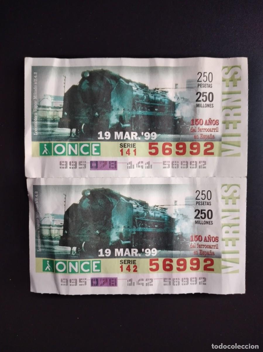 Cupones ONCE: 2 CUP&Oacute;N ONCE 150 A&Ntilde;OS DEL FERROCARRIL EN ESPA&Ntilde;A TREN LOCOMOTORA VAPOR MIKADO 19 MARZO 99 1999 56992