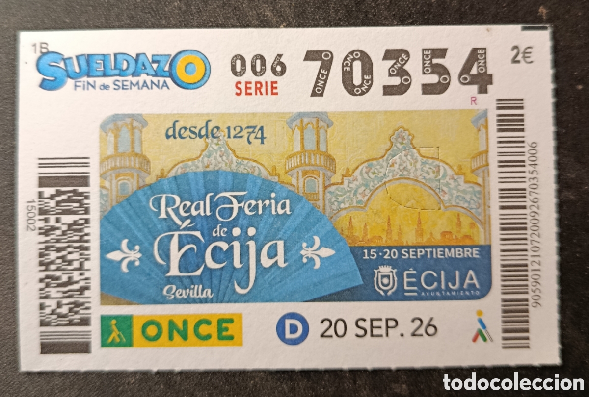 Cupones ONCE: N&deg; 70354 (20/SEPTIEMBRE/2026)-SEVILLA