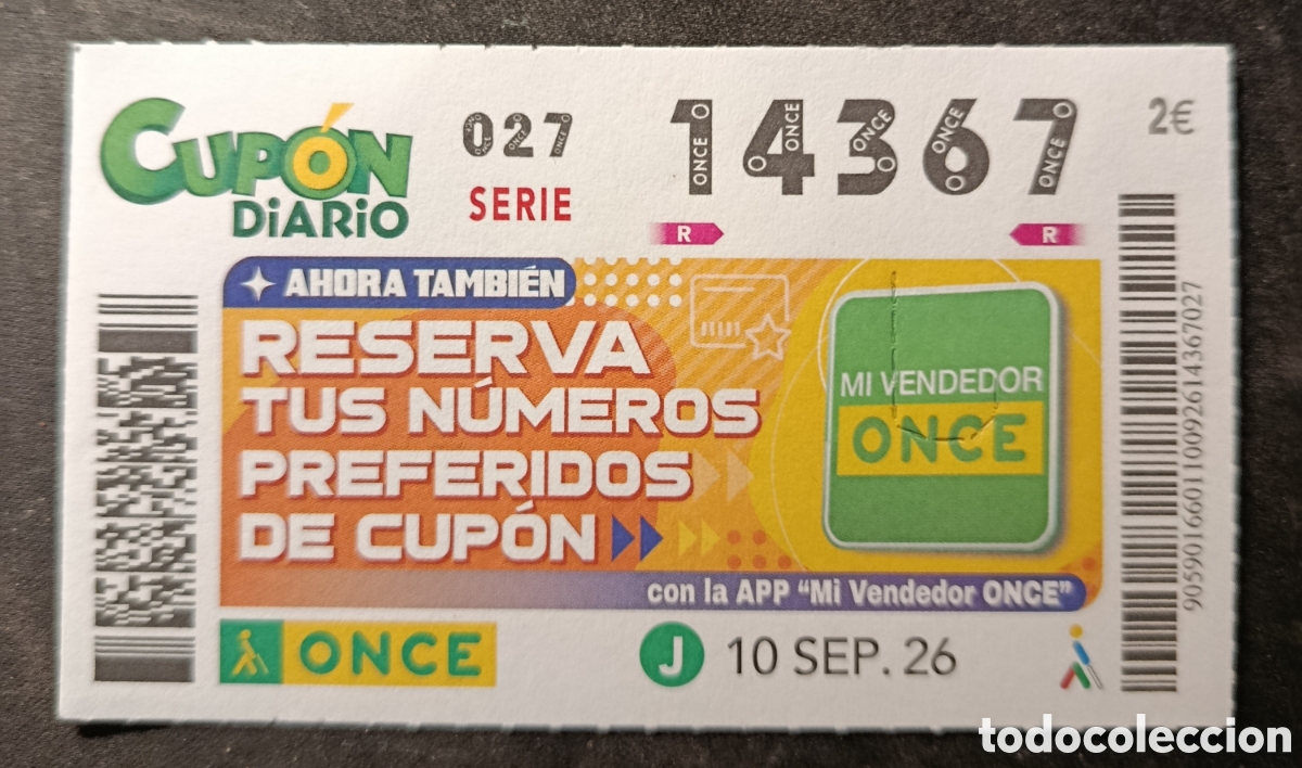 Cupones ONCE: N&deg; 14367 (10/SEPTIEMBRE/2026) - Foto 1