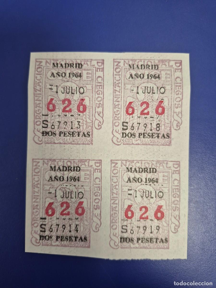 Cupones ONCE: CUPONES DE LA ONCE A&Ntilde;O 1964 BLOQUE DE 4 MADRID 1 DE JULIO