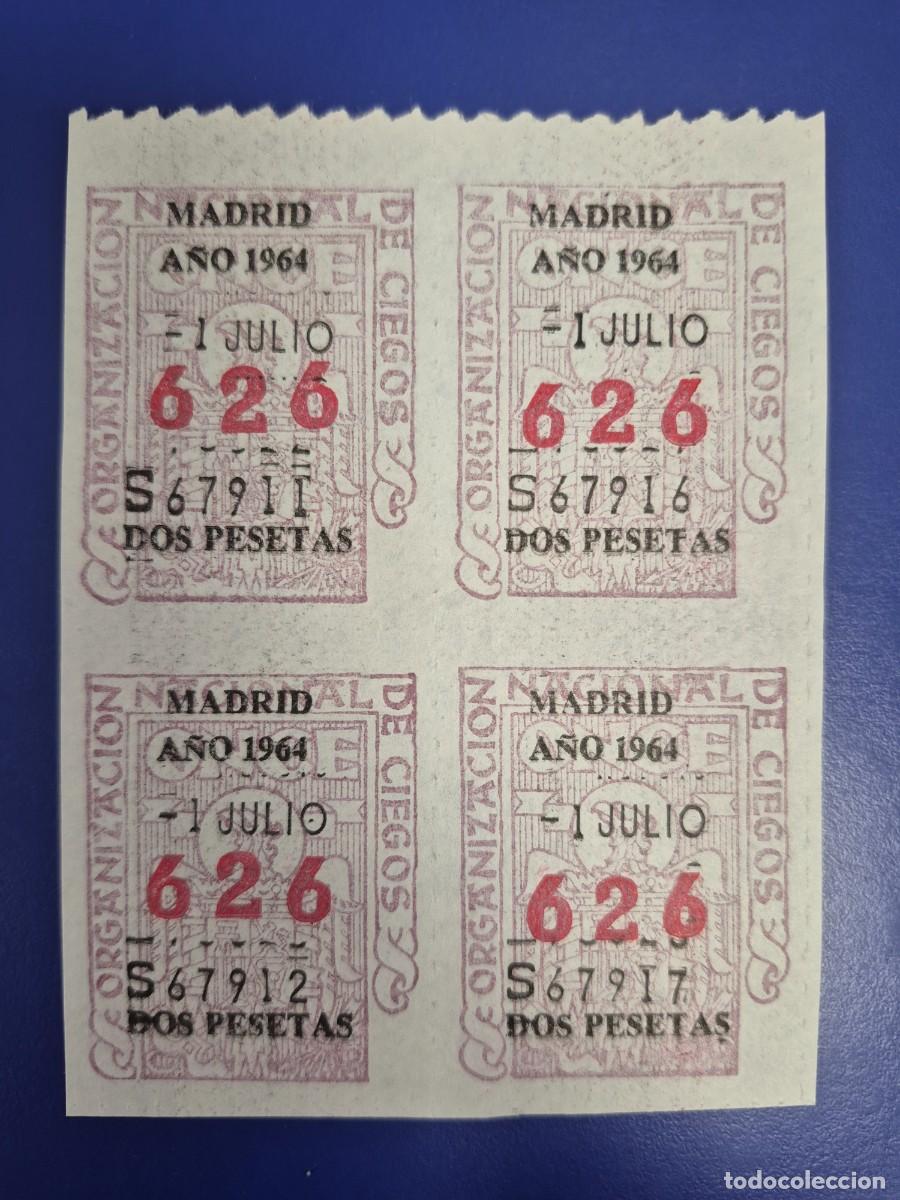 Cupones ONCE: CUPONES DE LA ONCE A&Ntilde;O 1964 BLOQUE DE 4 MADRID 1 DE JULIO