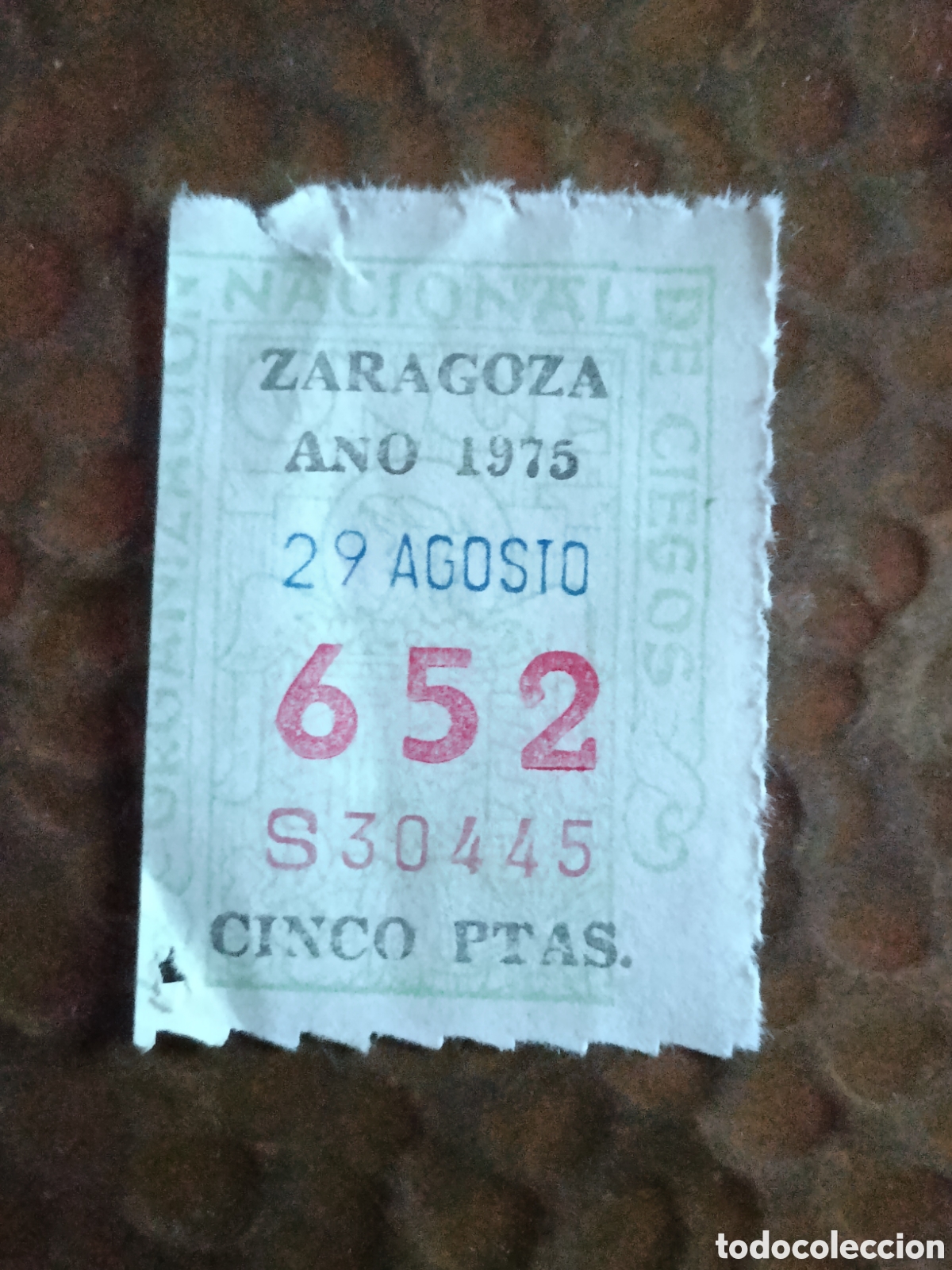Cupones ONCE: CUPON DE LOTERIA LA ONCE 652 5 PTAS [ A&Ntilde;O 1975 ]