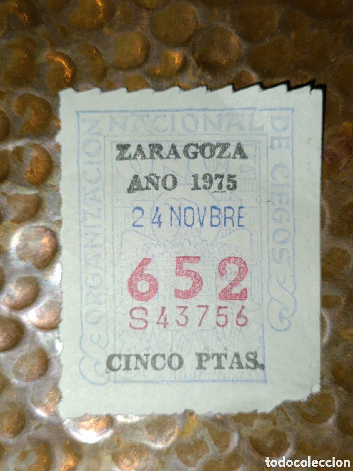 Cupones ONCE: CUPON DE LOTERIA LA ONCE 652 5 PTAS [ A&Ntilde;O 1975 ]