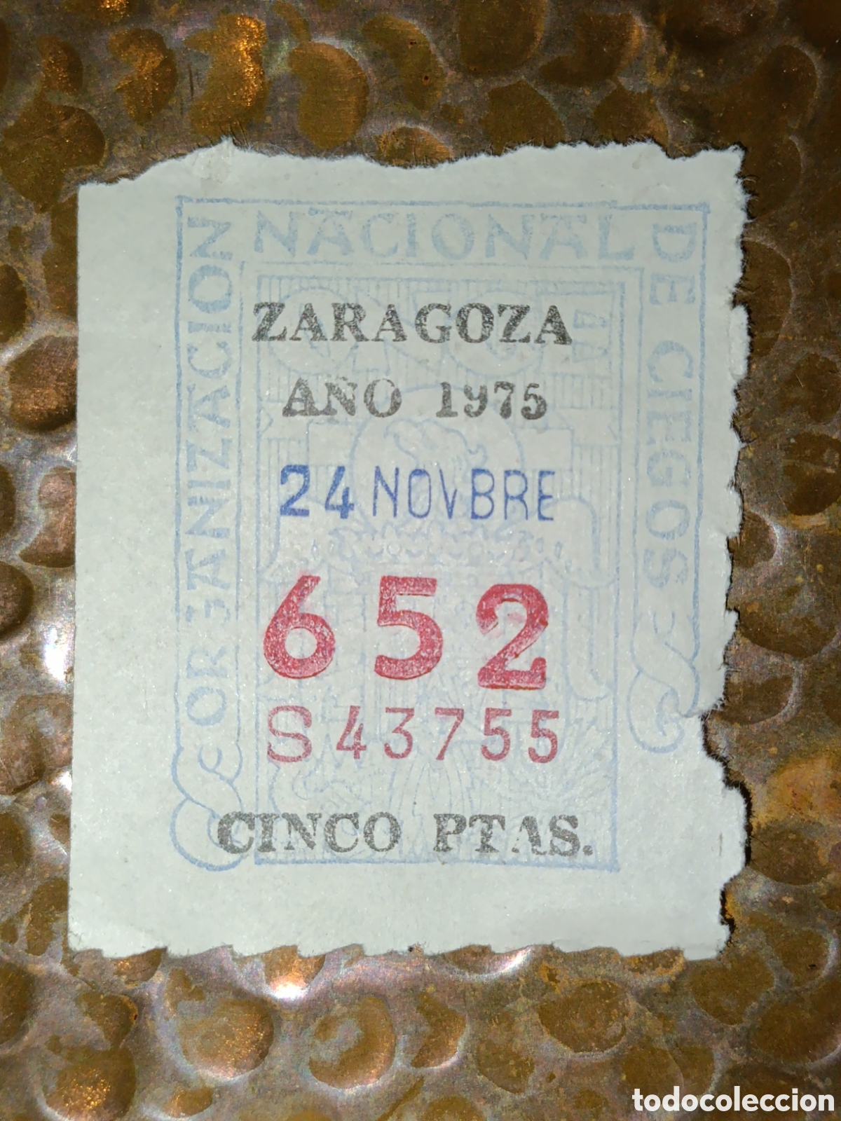 Cupones ONCE: CUPON DE LOTERIA LA ONCE 652 5 PTAS [ A&Ntilde;O 1975 ]