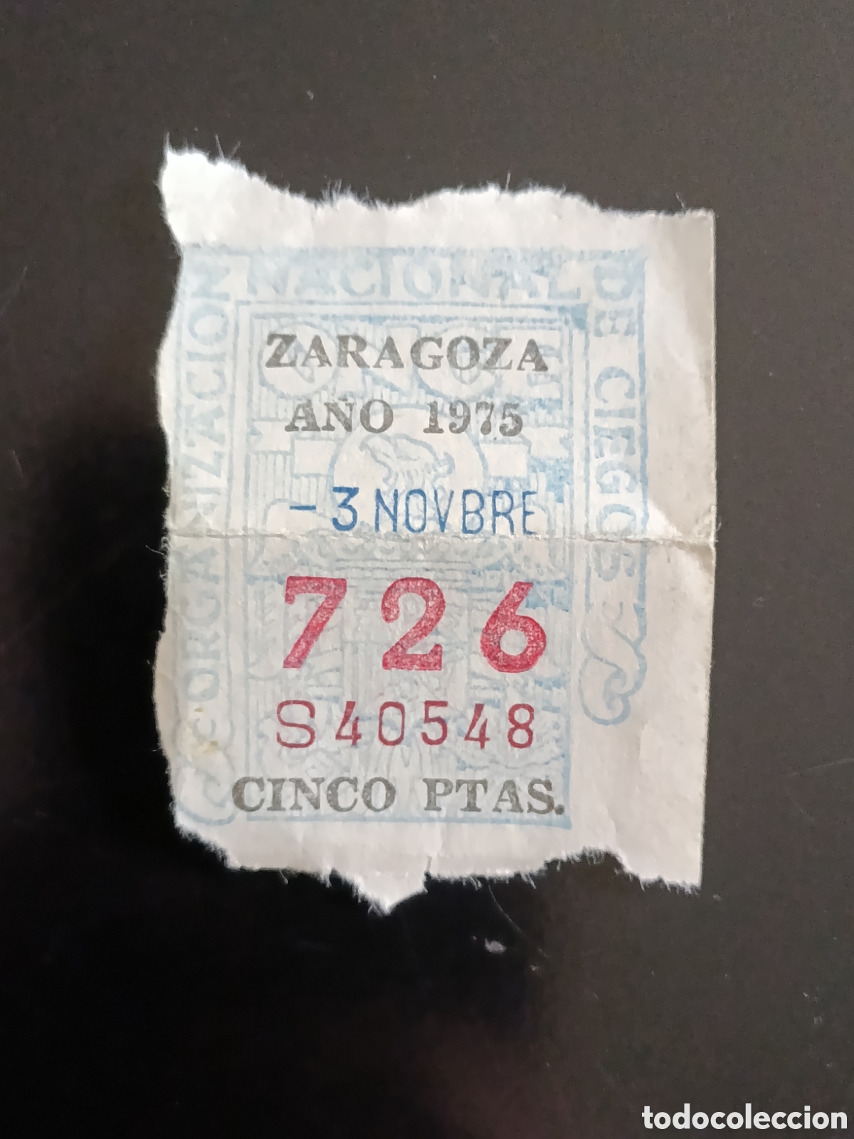 Cupones ONCE: CUPON DE LOTERIA LA ONCE 726 5 PTAS [ A&Ntilde;O 1975 ]