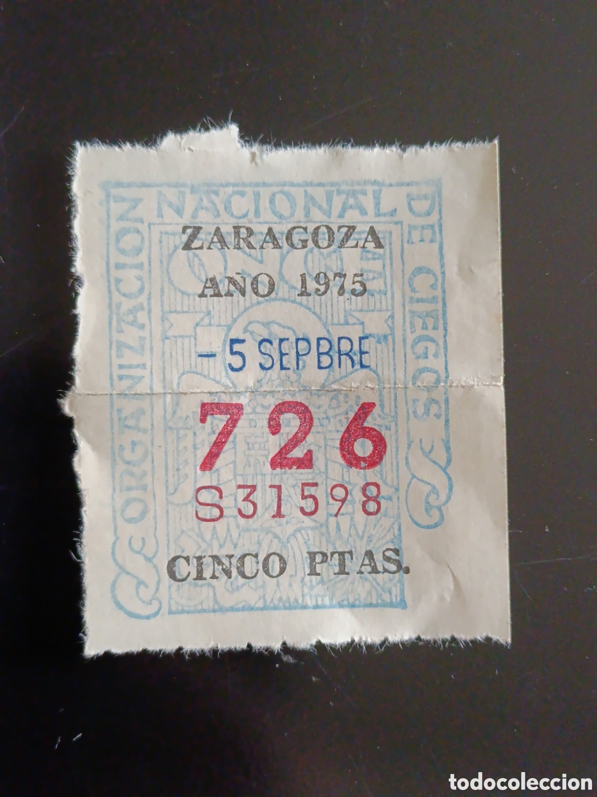 Cupones ONCE: CUPON DE LOTERIA LA ONCE 726 5 PTAS [ A&Ntilde;O 1975 ]