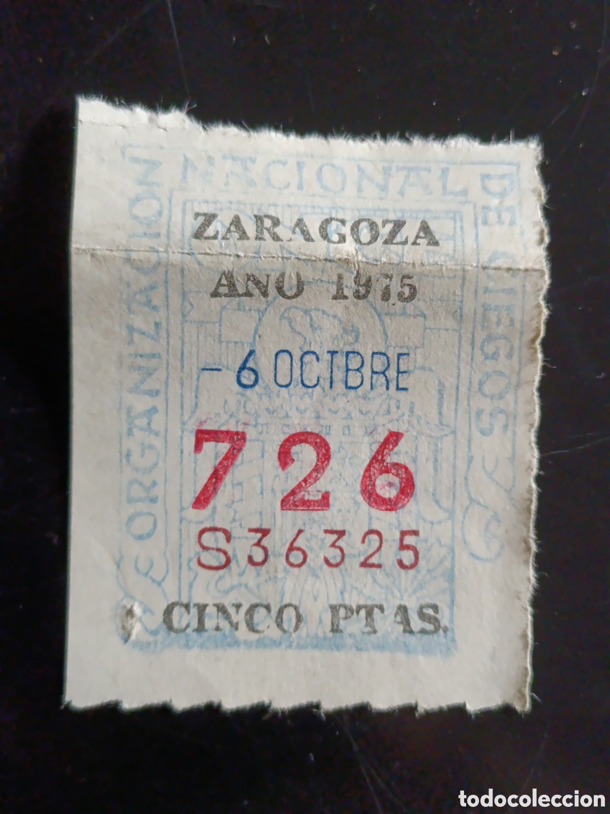 Cupones ONCE: CUPON DE LOTERIA LA ONCE 726 5 PTAS [ A&Ntilde;O 1975 ]