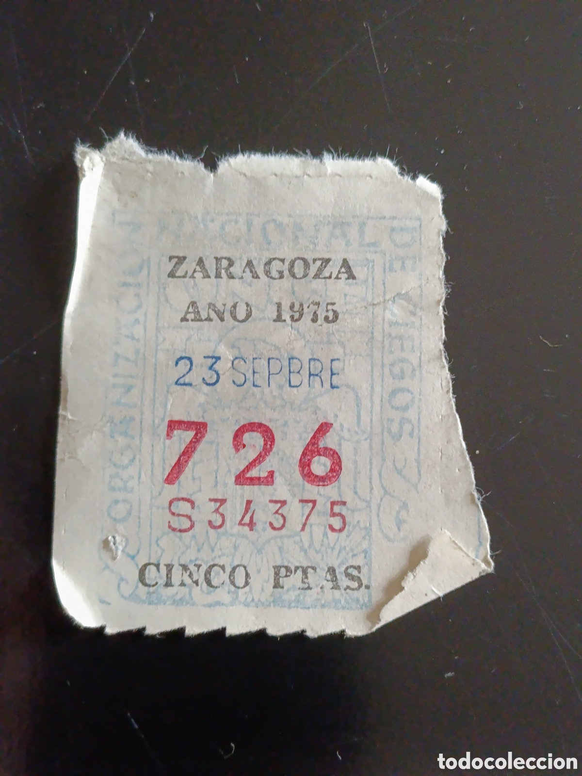 Cupones ONCE: CUPON DE LOTERIA LA ONCE 726 5 PTAS [ A&Ntilde;O 1975 ]