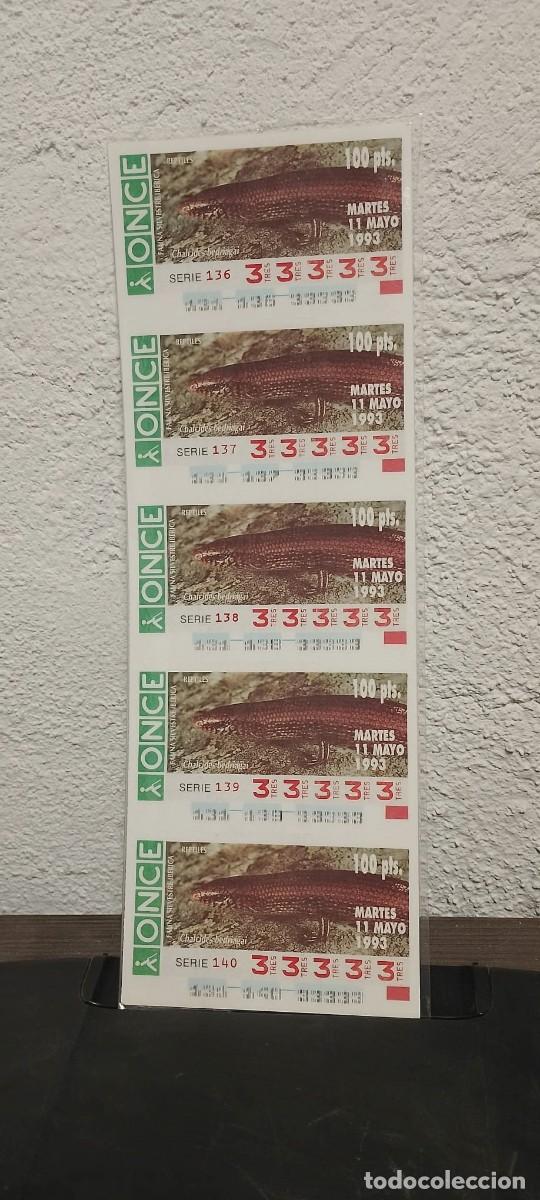 Coupon ONCE: Tira de 5 cupones capic&uacute;as. Numero extra&ntilde;o 33.333. Once. Martes 11 de Mayo de 1993.