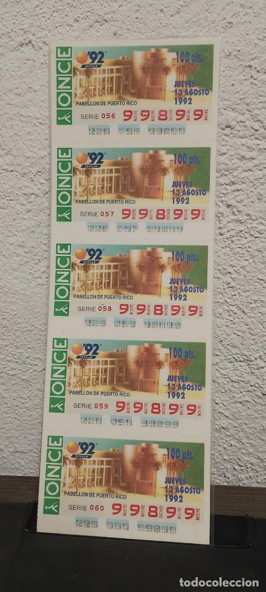 Bilhetes ONCE: Tira de 5 cupones capic&uacute;as. Numero extra&ntilde;o 99.899. Once. Jueves 13 Agosto 1992. Expo Sevilla 92.