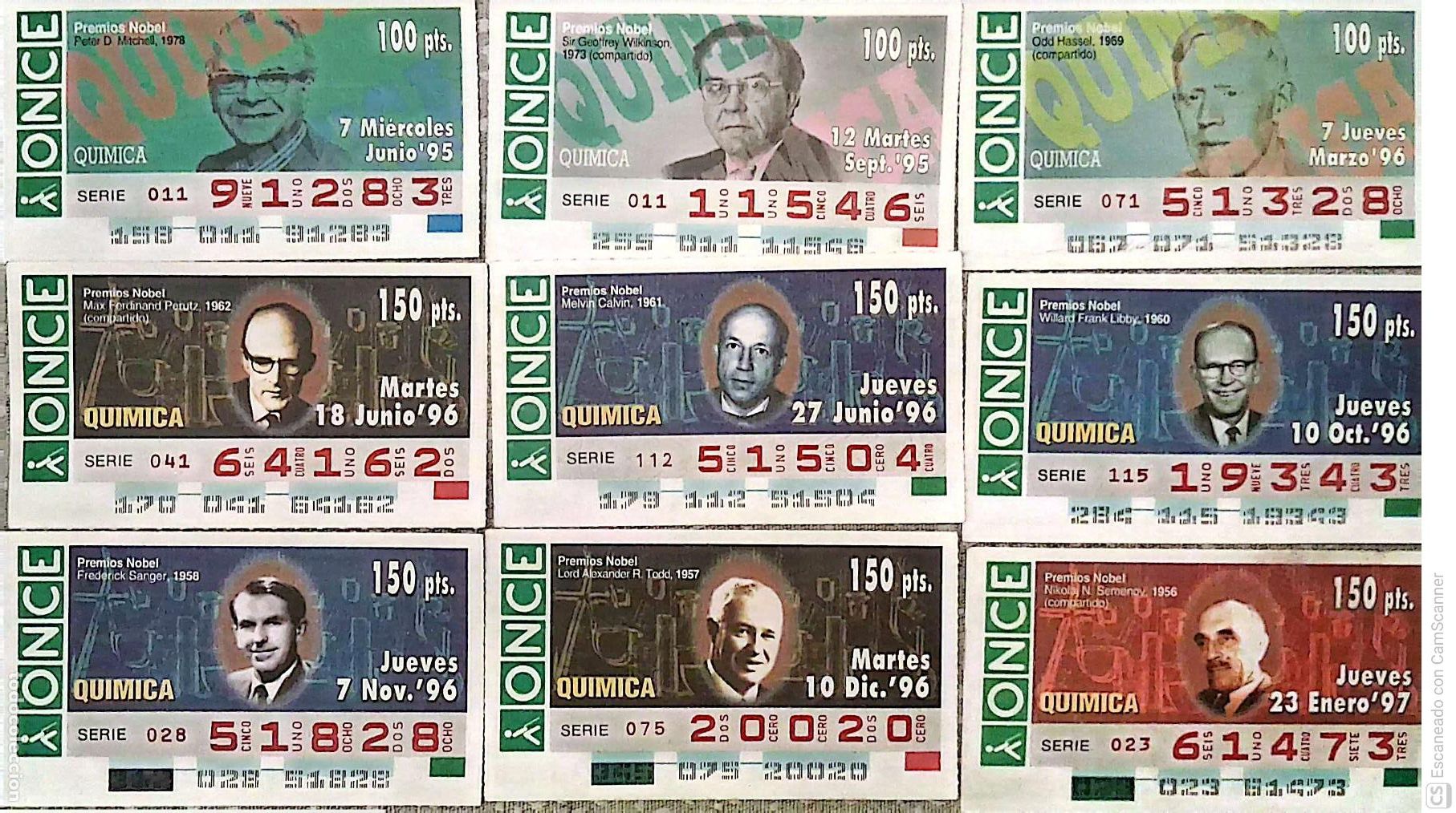 Cupones ONCE: ONCE. 18 Cupones distintos. Premios Nobel: Qu&iacute;mica Perfecto estado de conservaci&oacute;n.