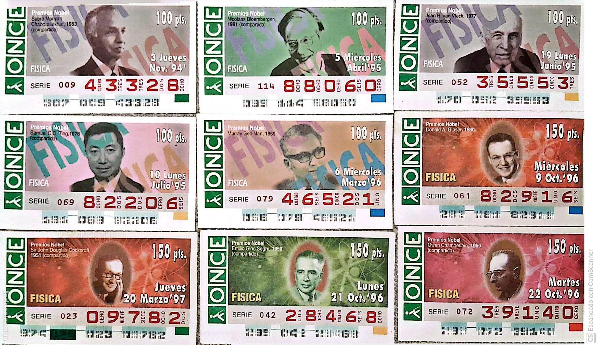 Cupones ONCE: ONCE. 18 Cupones distintos. Premios Nobel: F&iacute;sica Perfecto estado de conservaci&oacute;n.
