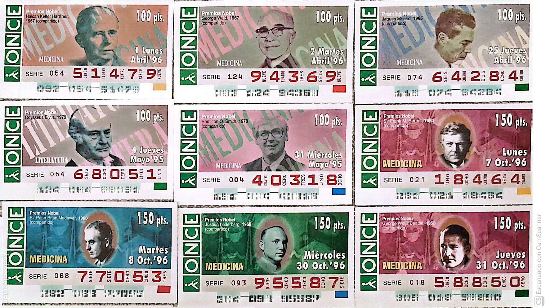 Cupones ONCE: ONCE. 18 Cupones distintos. Premios Nobel: Medicina Perfecto estado de conservaci&oacute;n.