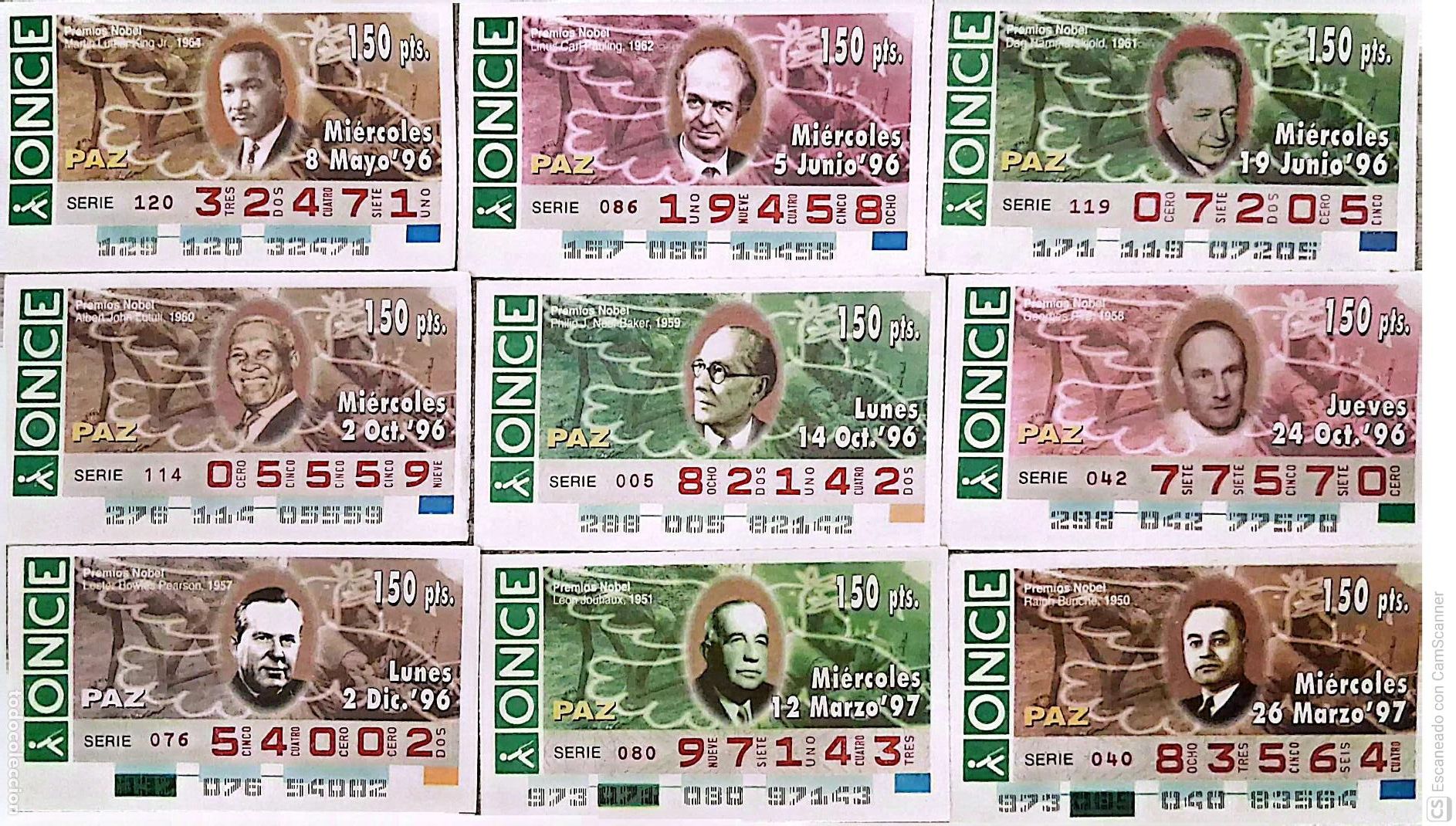Cupones ONCE: ONCE. 18 Cupones distintos. Premios Nobel: Paz. Los n&uacute;meros pueden variar. Perfecto estado de conser