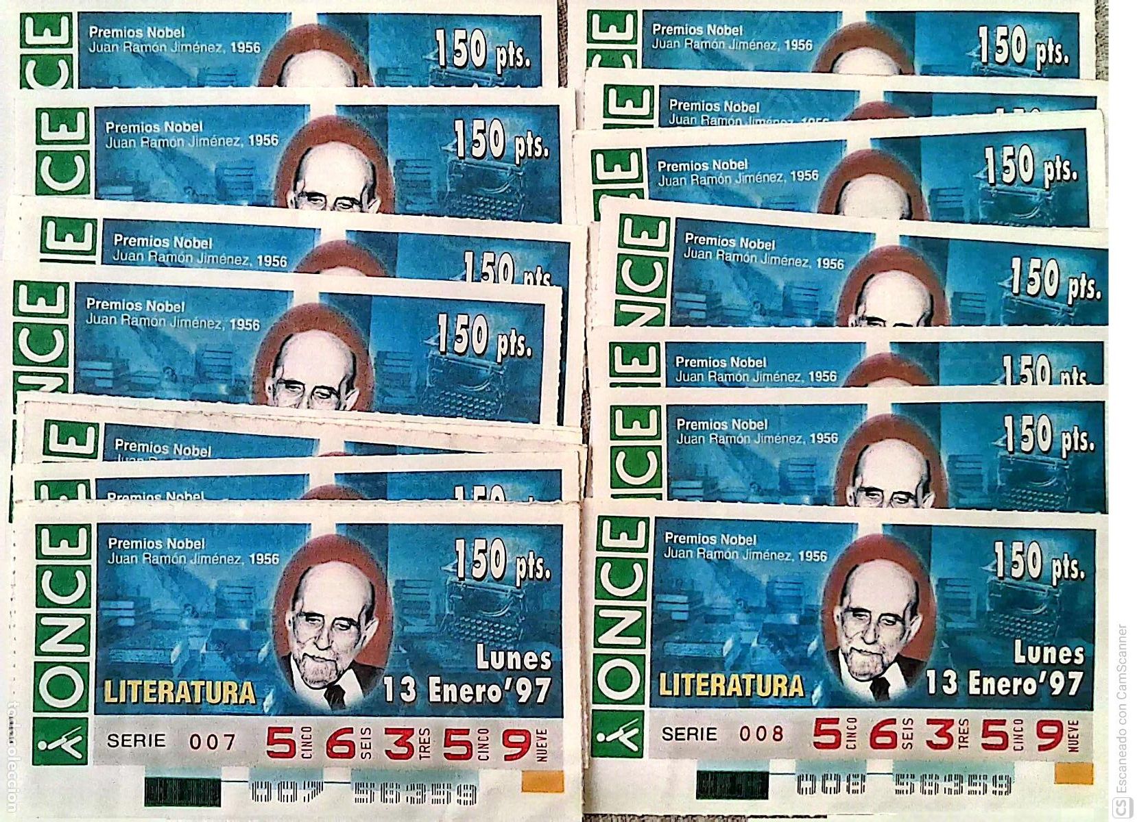 Cupones ONCE: ONCE. 20 Cupones. Premio Nobel: Juan Ram&oacute;n Jim&eacute;nez Los n&uacute;meros pueden variar. Perfecto estado de con