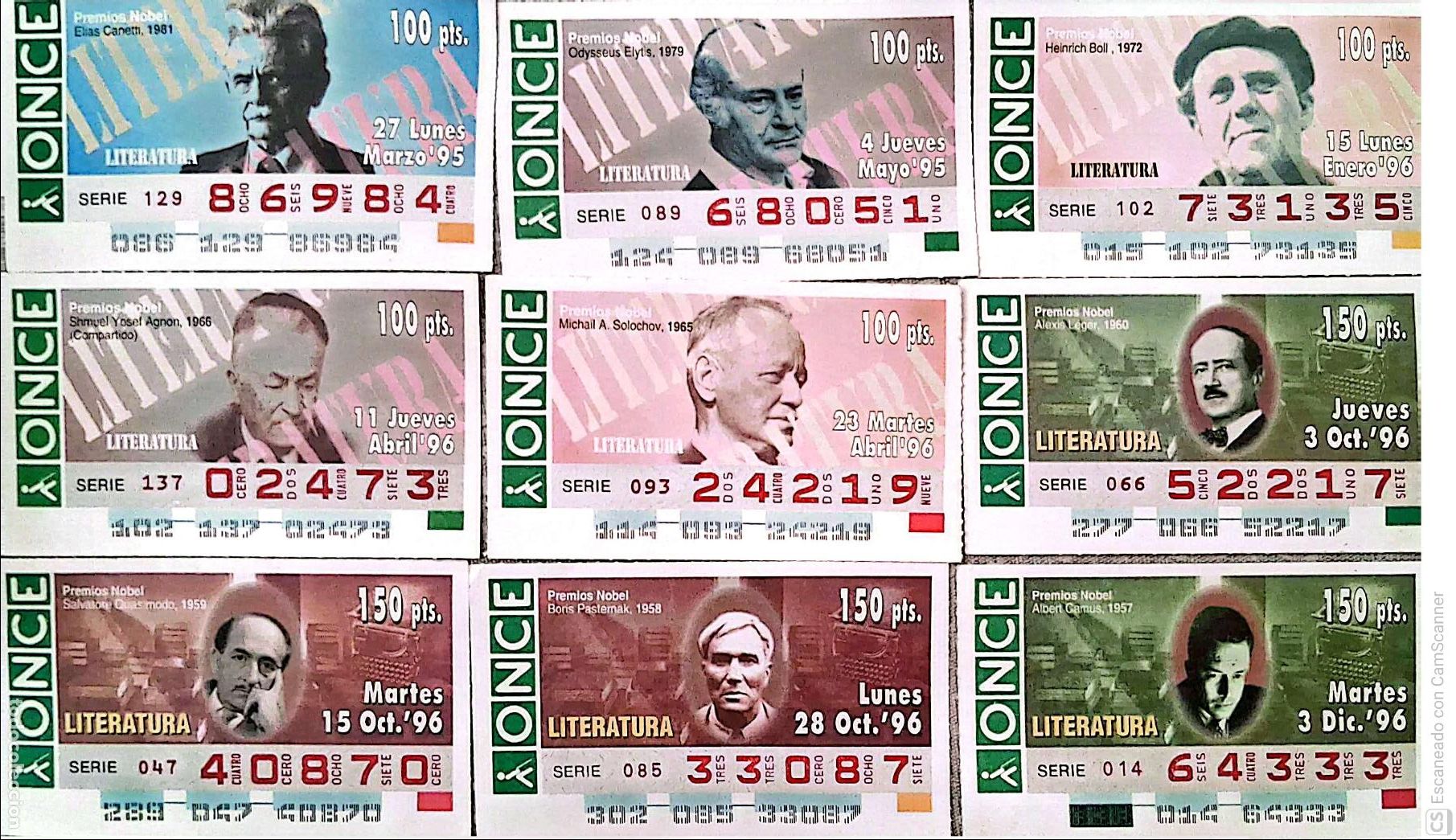 Cupones ONCE: ONCE. 18 Cupones distintos.. Premio Nobel: Literatura Los n&uacute;meros pueden variar. Perfecto estado de