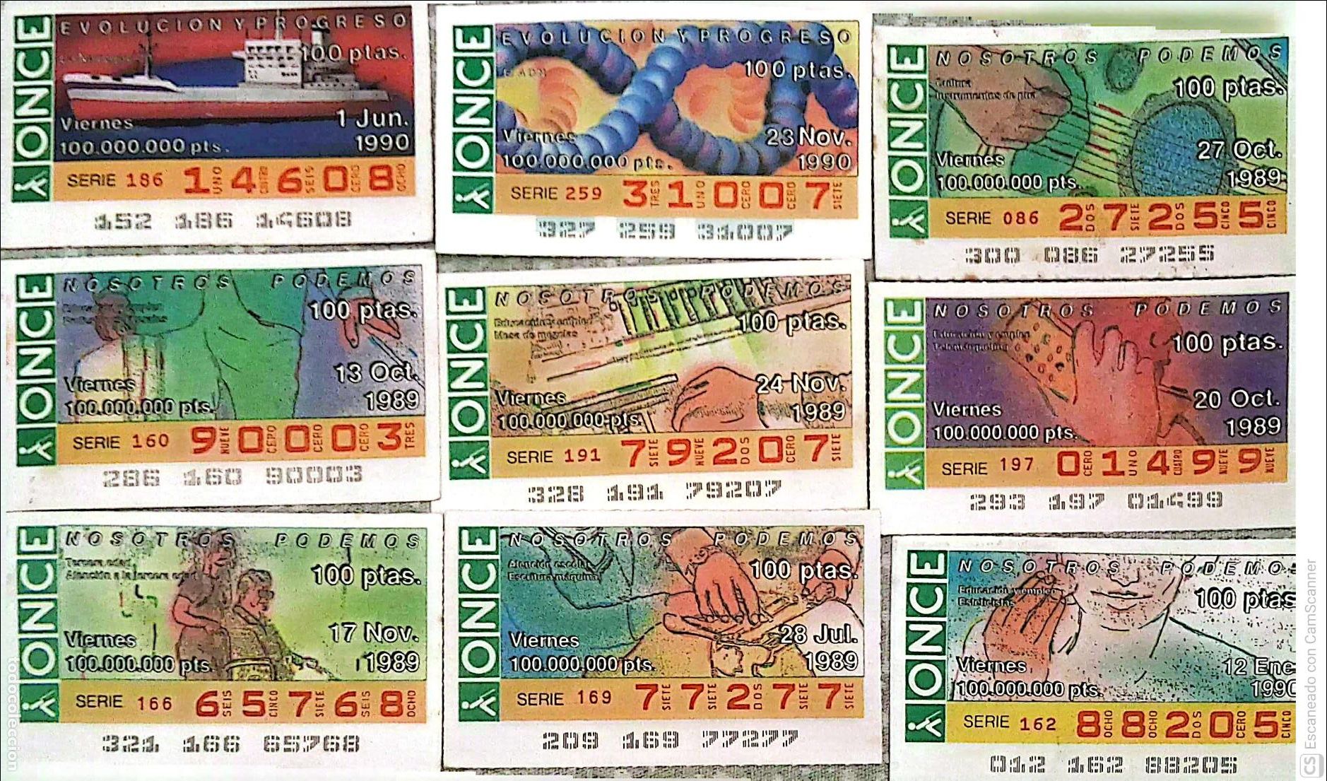 Cupones ONCE: ONCE. 18 Cupones distintos.. Evoluci&oacute;n y Progreso Los n&uacute;meros pueden variar. Perfecto estado de cons