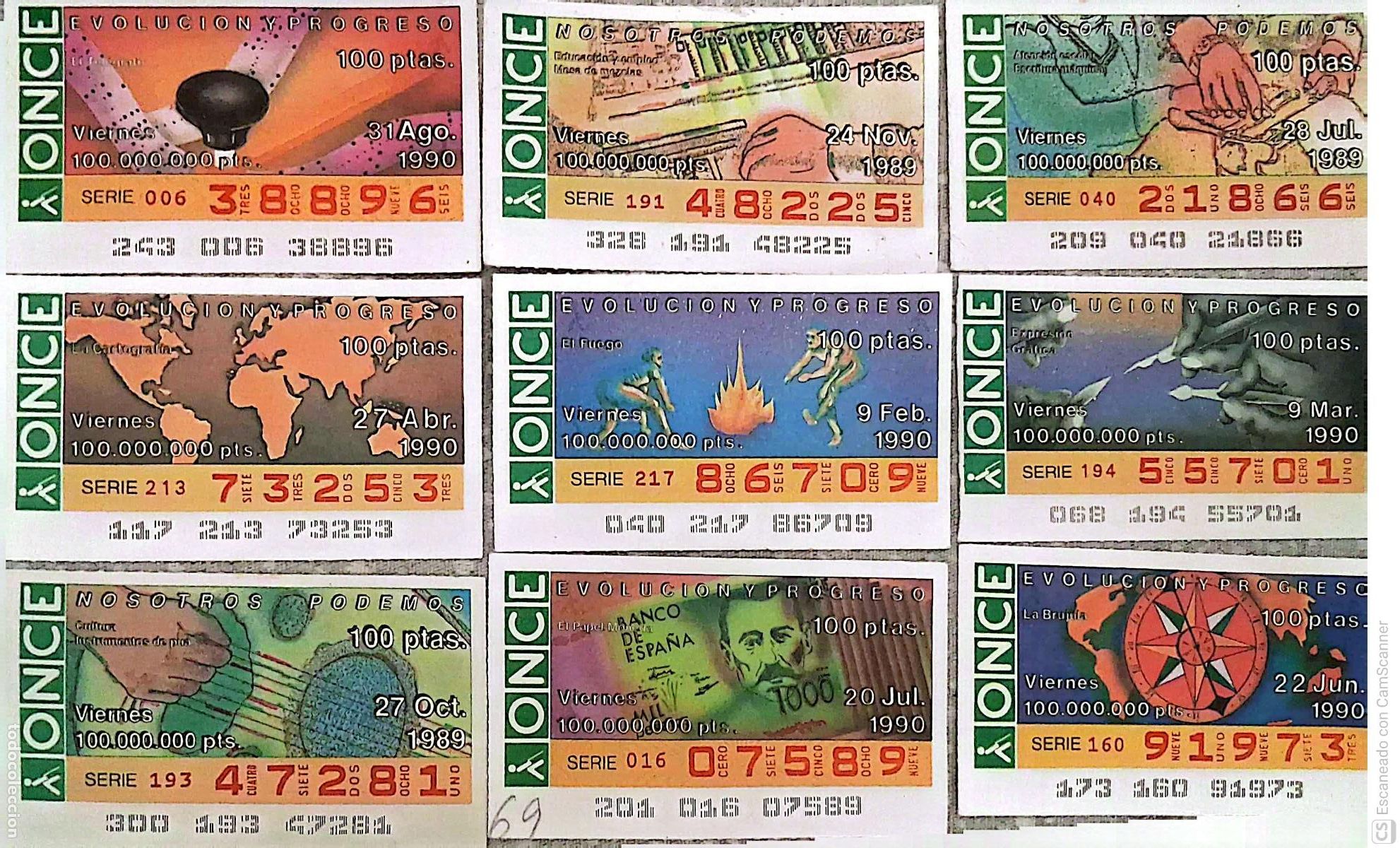 Cupones ONCE: ONCE. 18 Cupones distintos.. Evoluci&oacute;n y Progreso Los n&uacute;meros pueden variar. Perfecto estado de cons