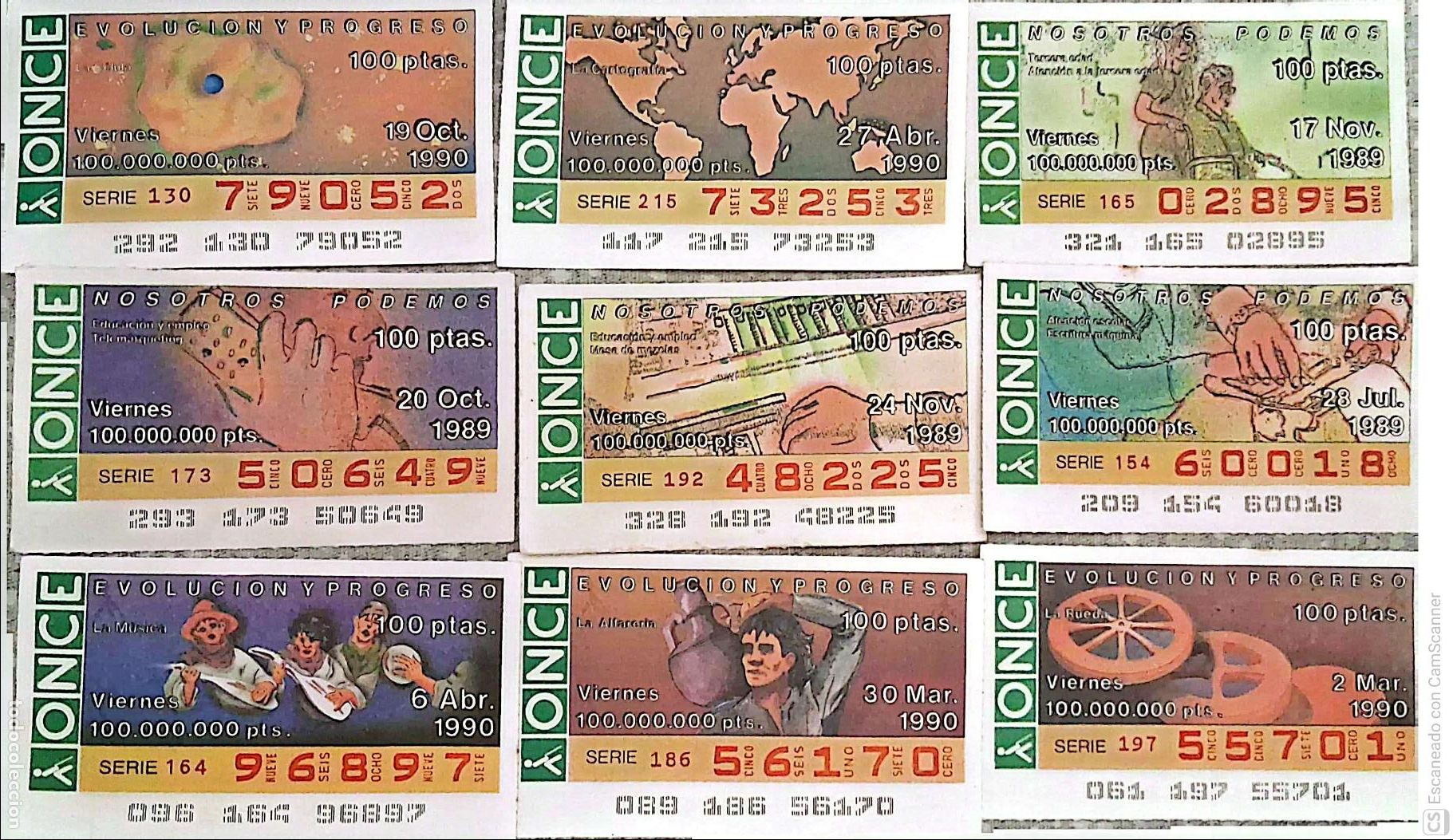 Cupones ONCE: ONCE. 18 Cupones distintos.. Evoluci&oacute;n y Progreso Los n&uacute;meros pueden variar. Perfecto estado de cons