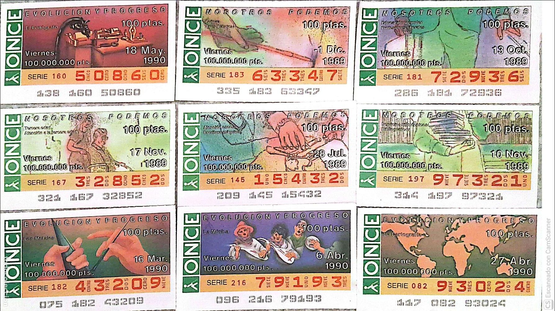 Cupones ONCE: ONCE. 18 Cupones distintos.. Evoluci&oacute;n y Progreso Los n&uacute;meros pueden variar. Perfecto estado de cons