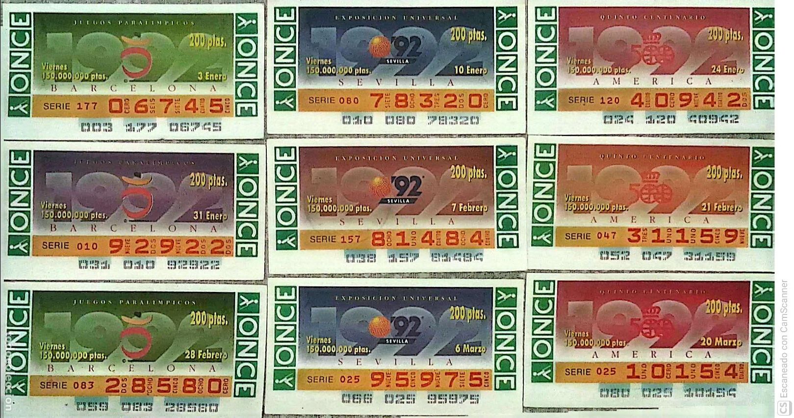 Cupones ONCE: ONCE. 18 Cupones distintos.. Acontecimientos A&ntilde;o 1992 Los n&uacute;meros pueden variar. Perfecto estado de
