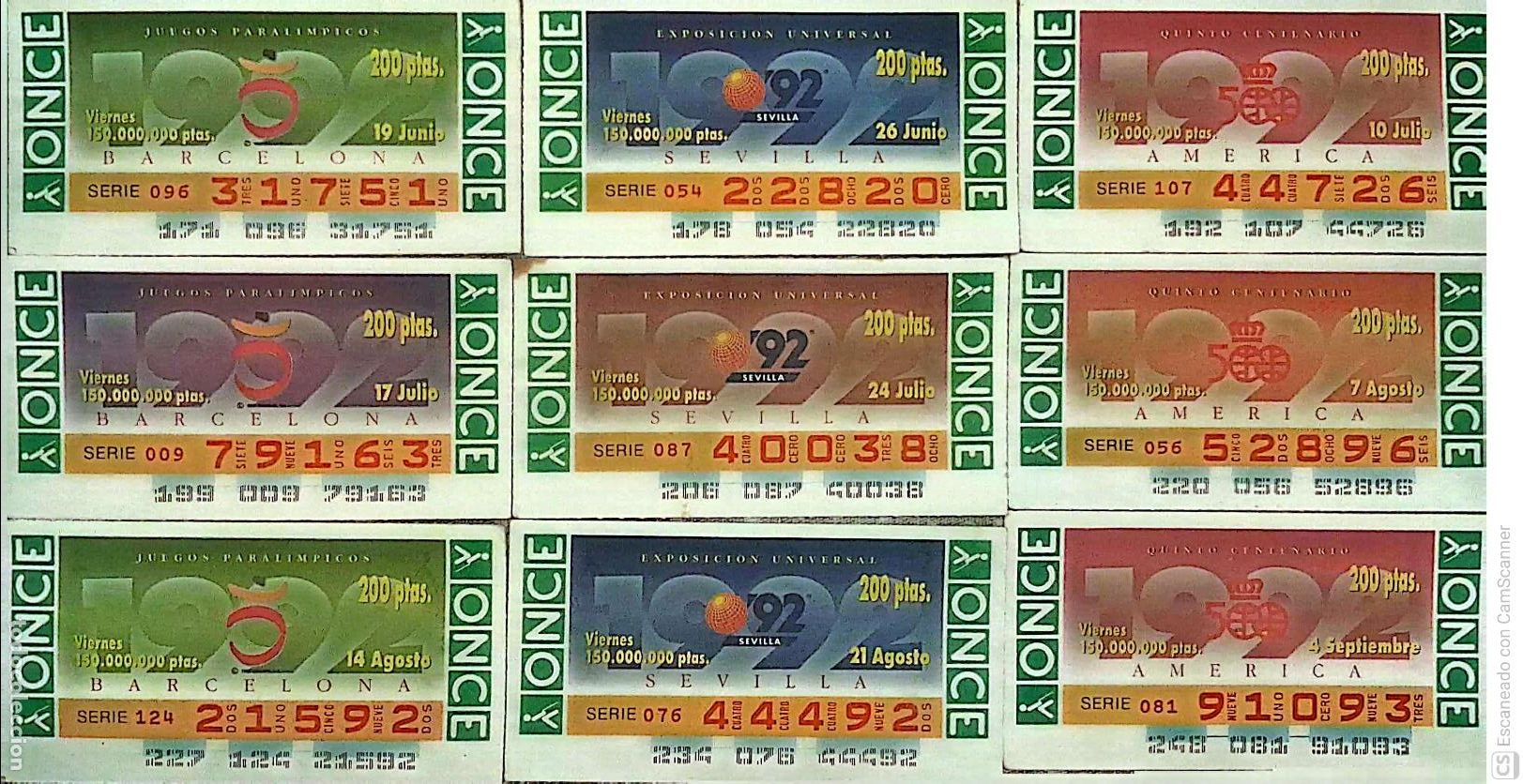 Cupones ONCE: ONCE. 18 Cupones distintos.. Acontecimientos A&ntilde;o 1992 Los n&uacute;meros pueden variar. Perfecto estado de