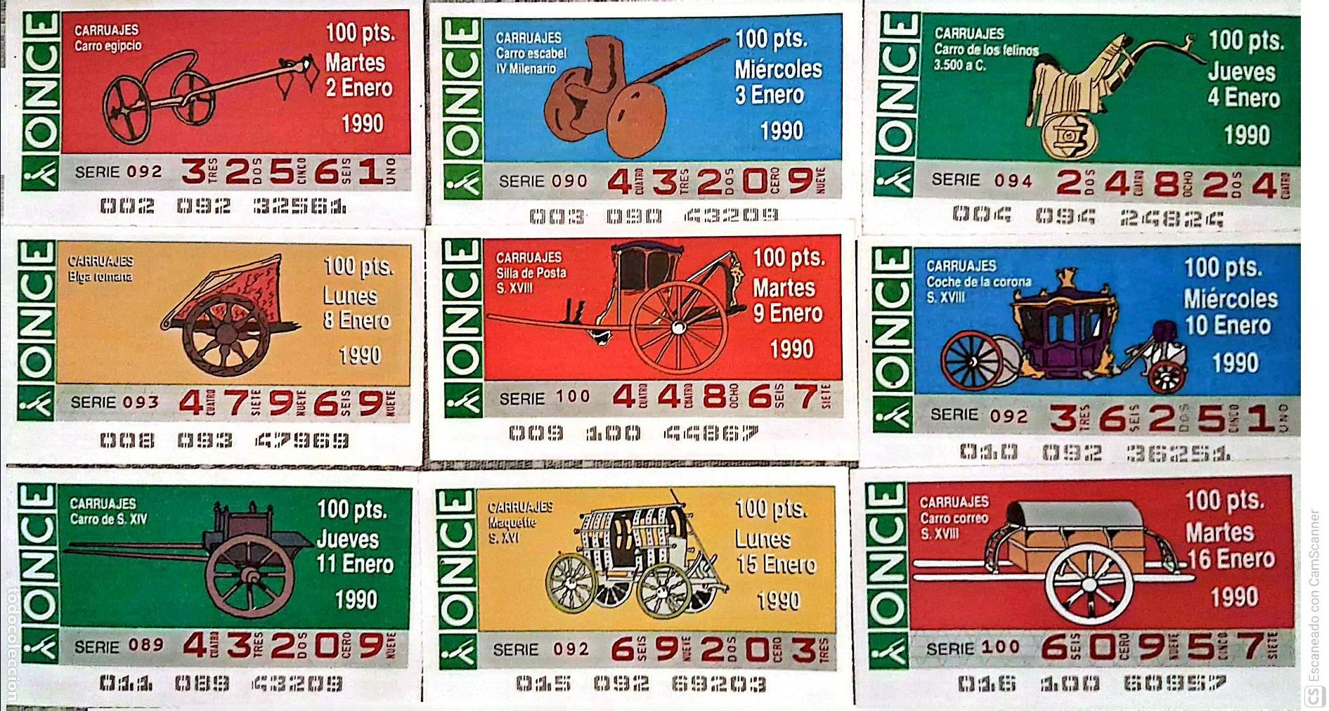 Cupones ONCE: ONCE. 18 Cupones distintos.. Carruajes diversos. Los n&uacute;meros pueden variar. Perfecto estado de conse