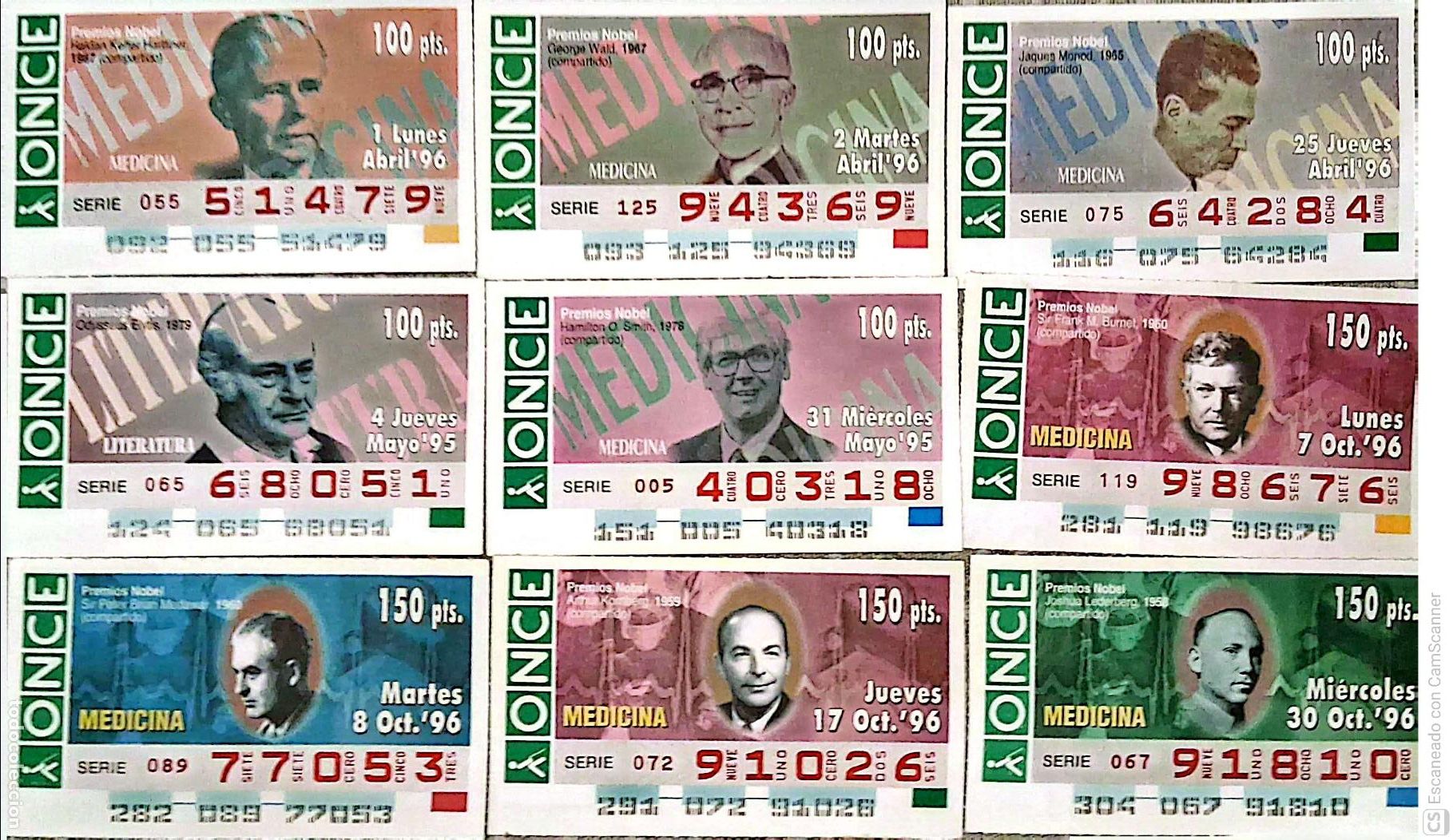 Cupones ONCE: ONCE. 22 Cupones distintos. Premios Nobel: F&iacute;sica. Los n&uacute;meros pueden variar. Perfecto estado de con
