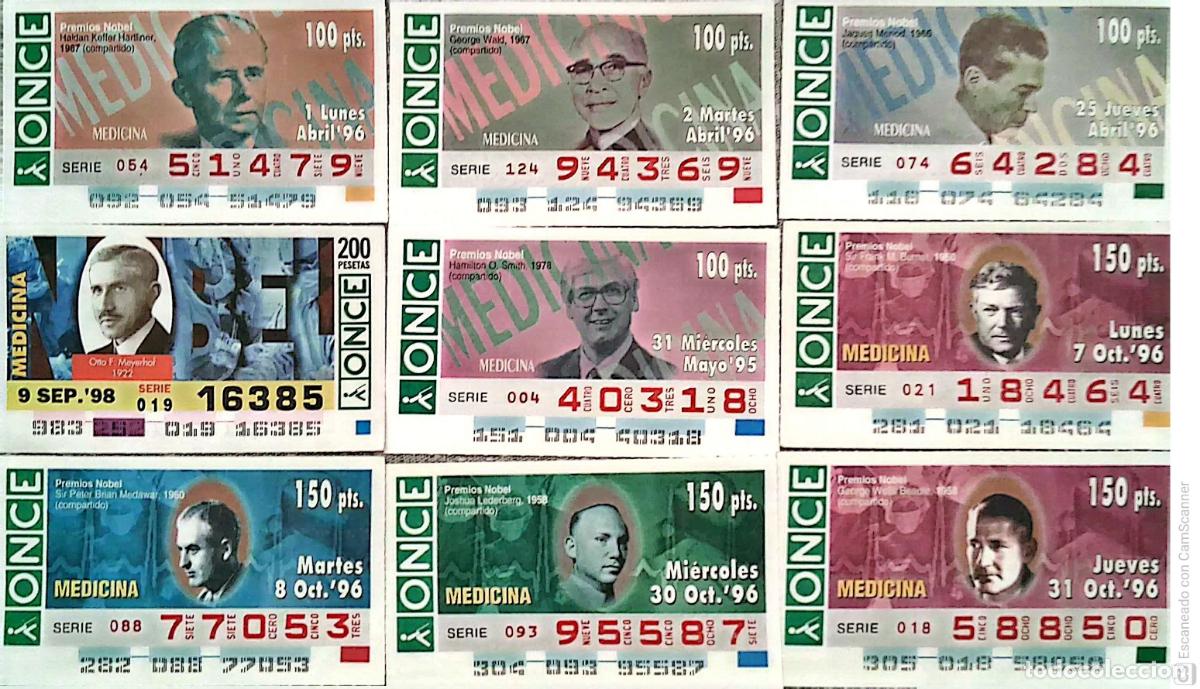 ONCE Coupons: ONCE. 18 Cupones distintos. Premios Nobel: Medicina. Los n&uacute;meros pueden variar. Perfecto estado de c