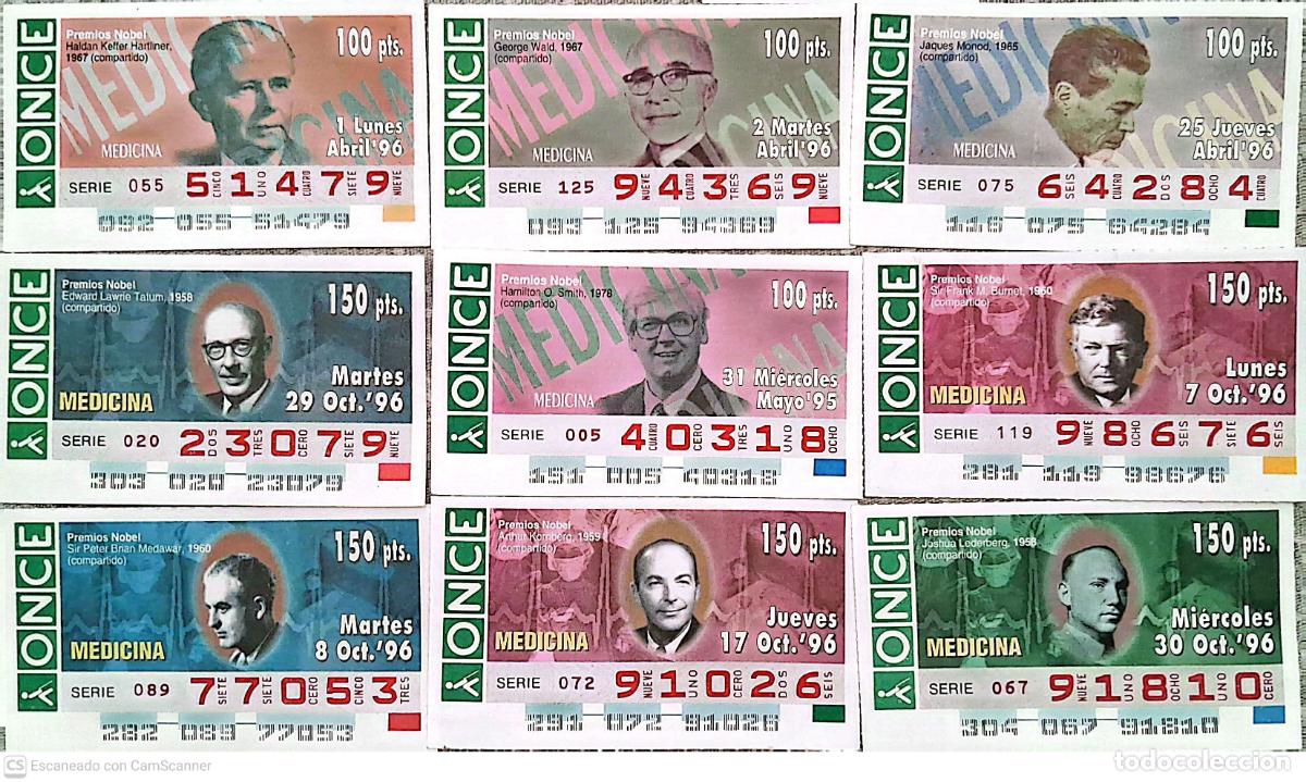 Cupones ONCE: ONCE. 19 Cupones distintos. Premios Nobel: Medicina. Los n&uacute;meros pueden variar. Perfecto estado de c