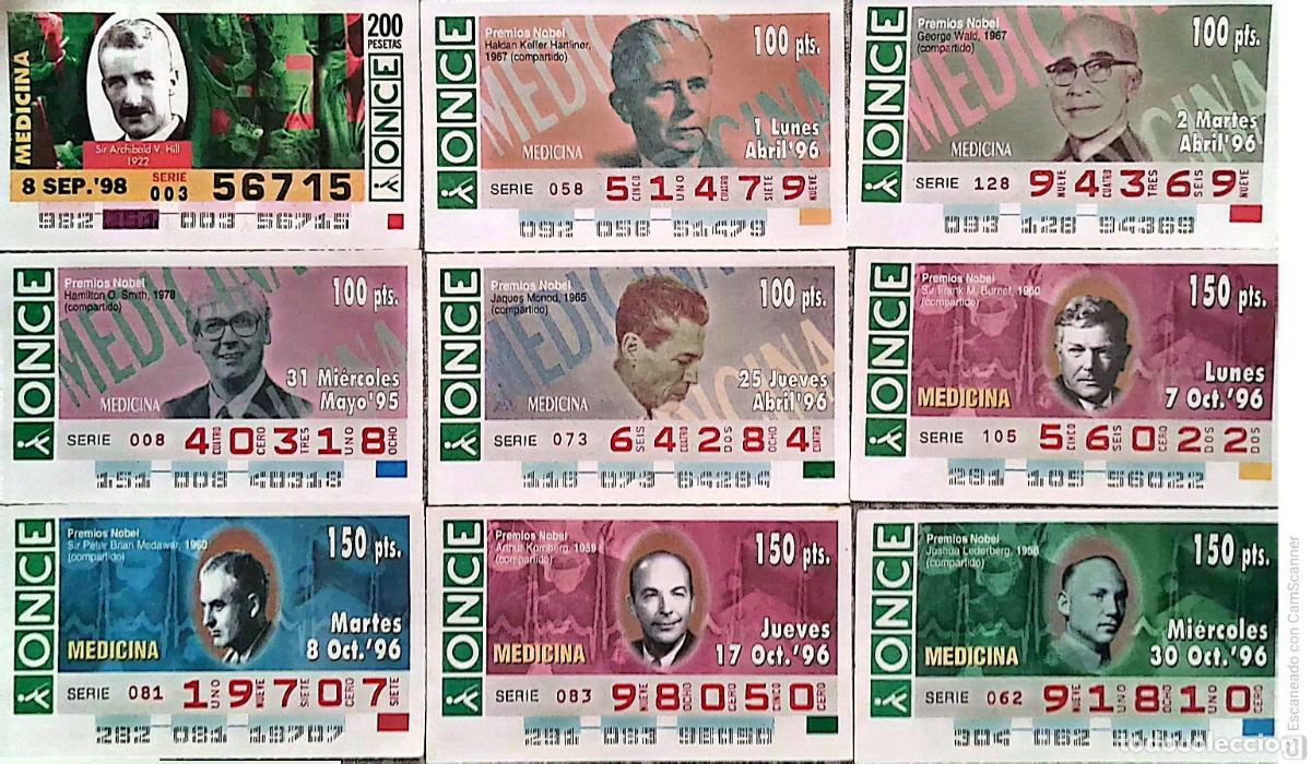 ONCE Coupons: ONCE. 19 Cupones distintos. Premios Nobel: Medicina. Los n&uacute;meros pueden variar. Perfecto estado de c