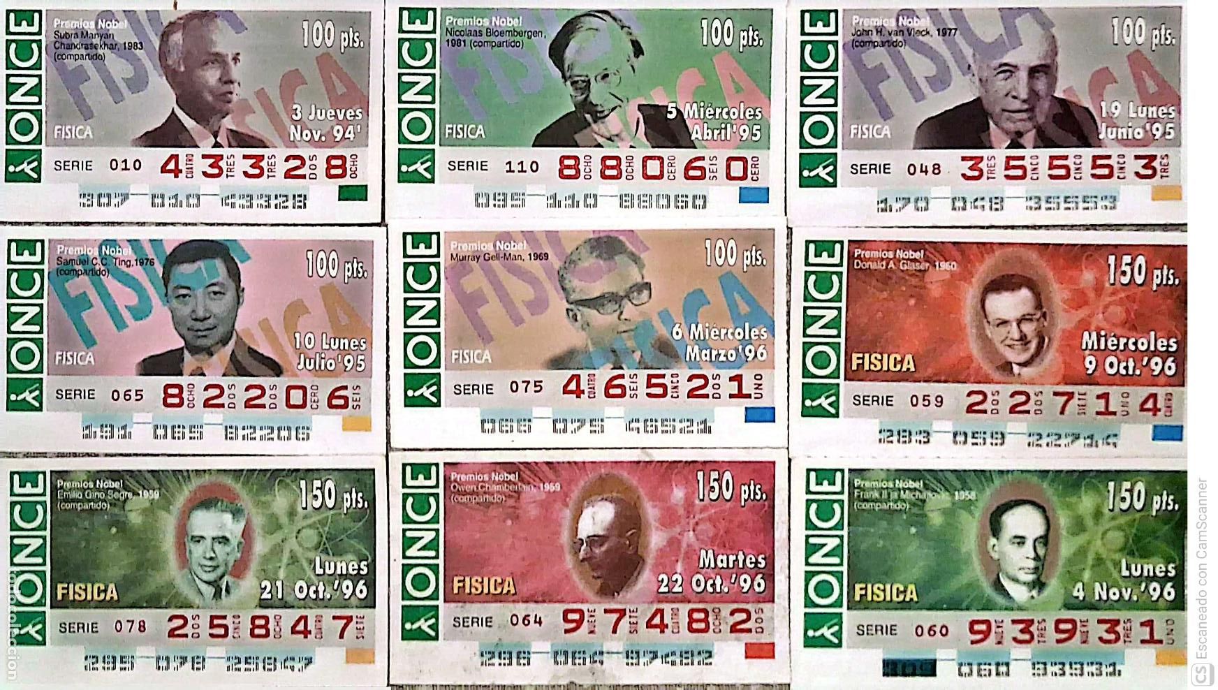 Coupon ONCE: ONCE. 22 Cupones distintos. Premios Nobel: F&iacute;sica Los n&uacute;meros pueden variar. Perfecto estado de con