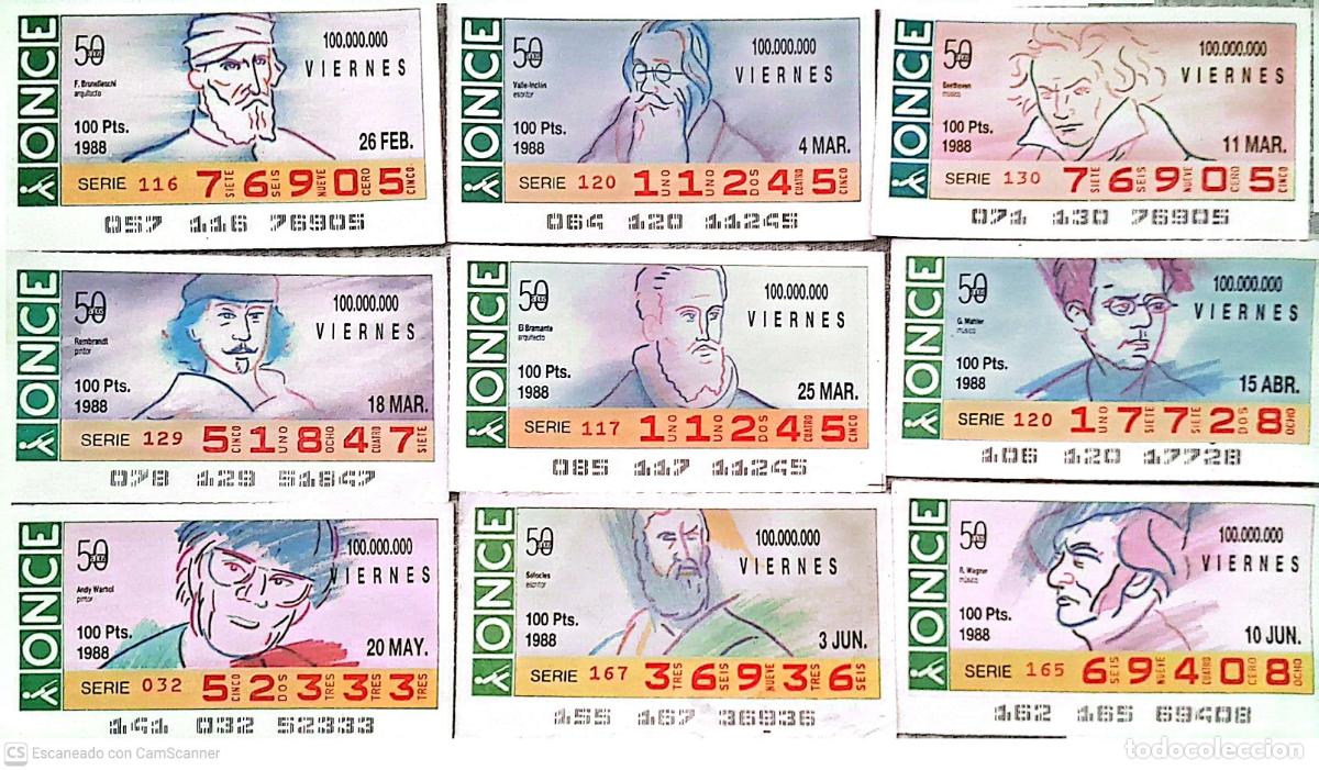 Cupones ONCE: ONCE. 18 Cupones distintos. Aniversarios Los n&uacute;meros pueden variar. Perfecto estado de conservaci&oacute;n.