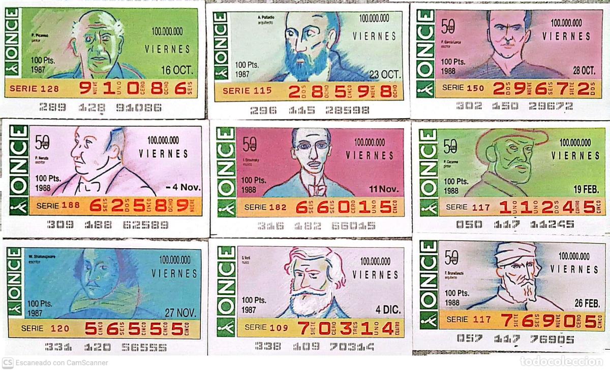 Cupones ONCE: ONCE. 18 Cupones distintos. Aniversarios Los n&uacute;meros pueden variar. Perfecto estado de conservaci&oacute;n.