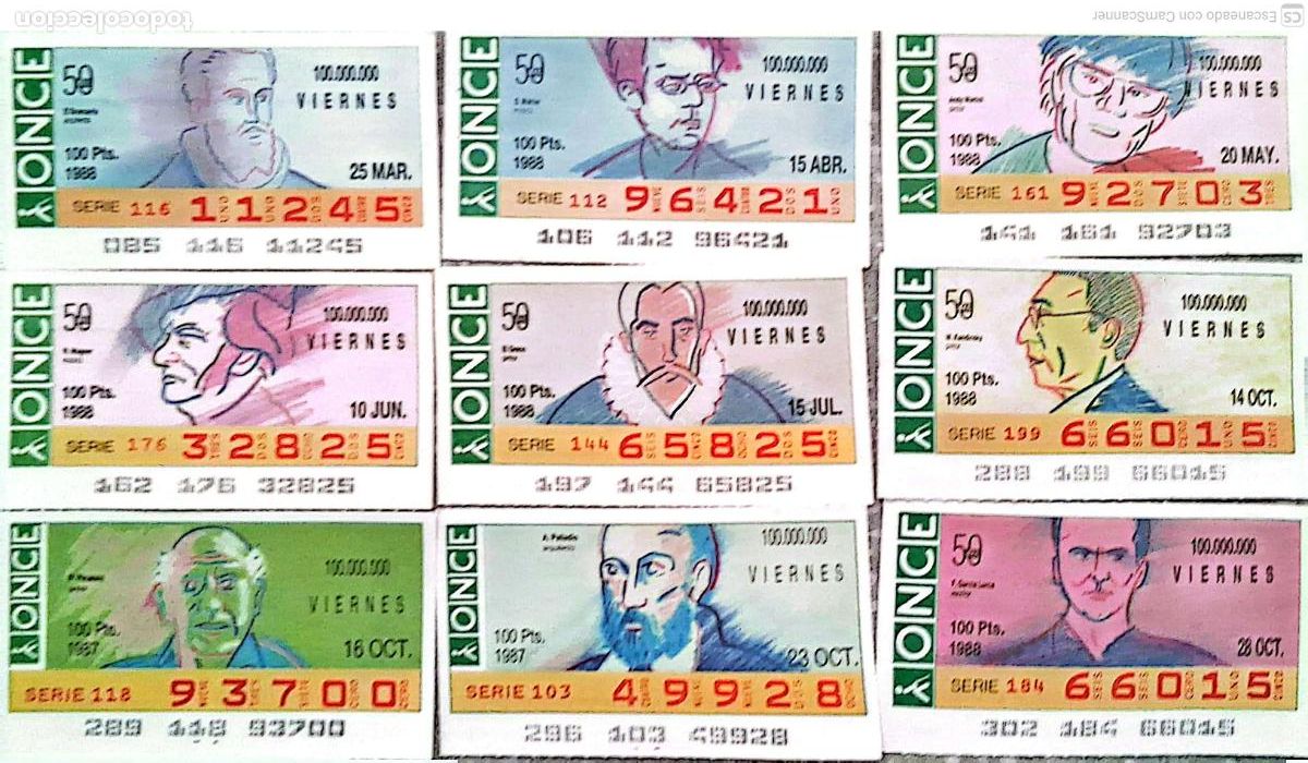 Cupones ONCE: ONCE. 18 Cupones distintos. Aniversarios Los n&uacute;meros pueden variar. Perfecto estado de conservaci&oacute;n.