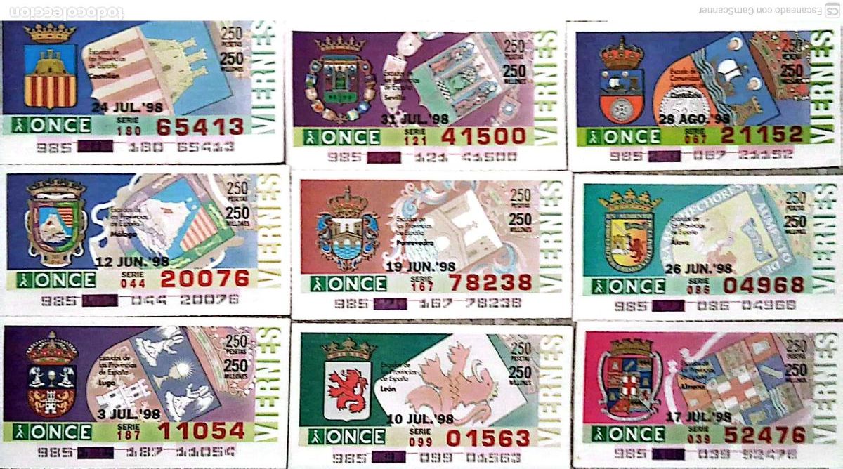 Cupones ONCE: ONCE. 9 Cupones distintos. Escudos de Espa&ntilde;a Los n&uacute;meros pueden variar. Perfecto estado de conservac