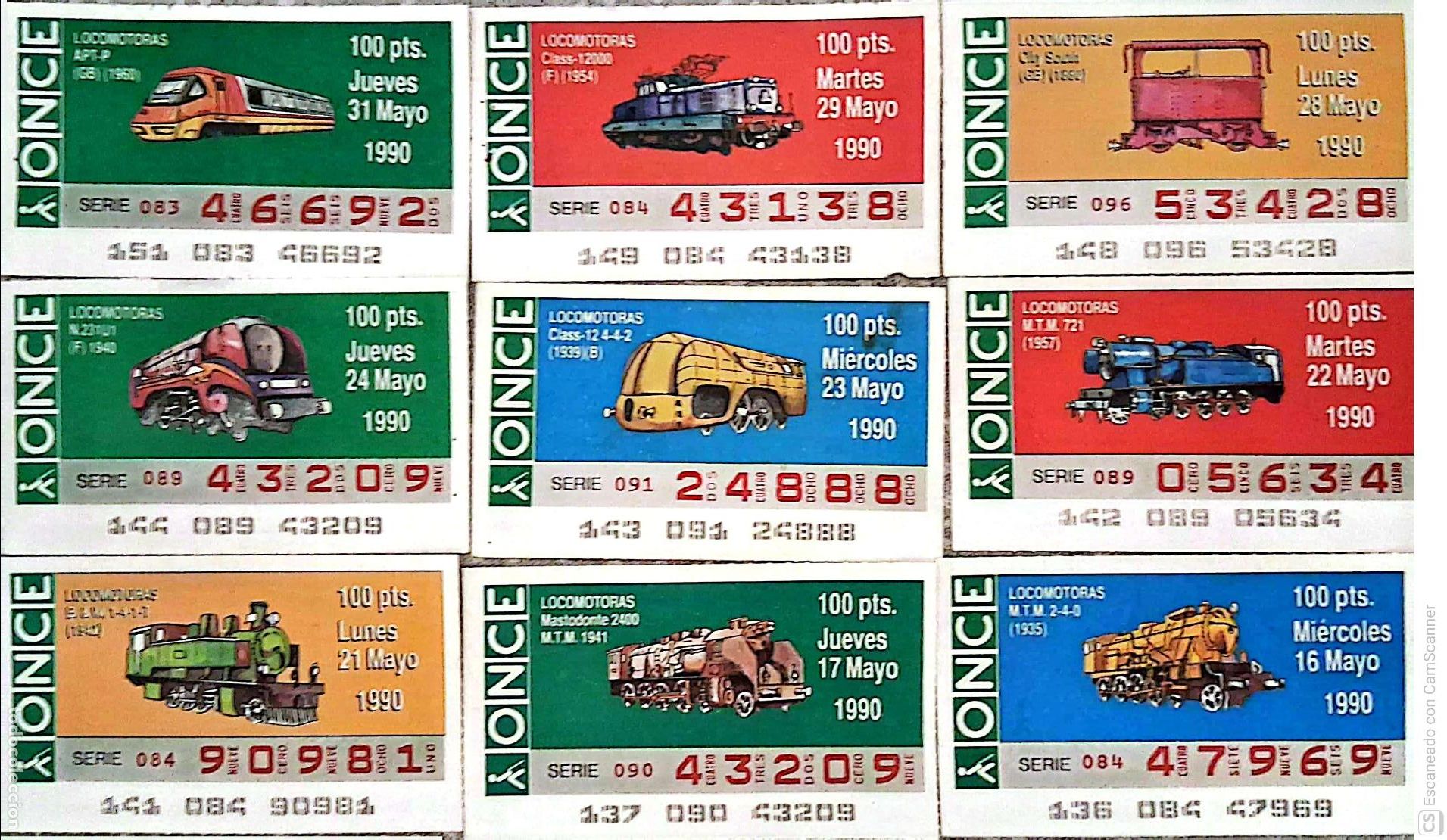 Bilhetes ONCE: ONCE. 18 Cupones distintos. Locomotoras Los n&uacute;meros pueden variar. Perfecto estado de conservaci&oacute;n.