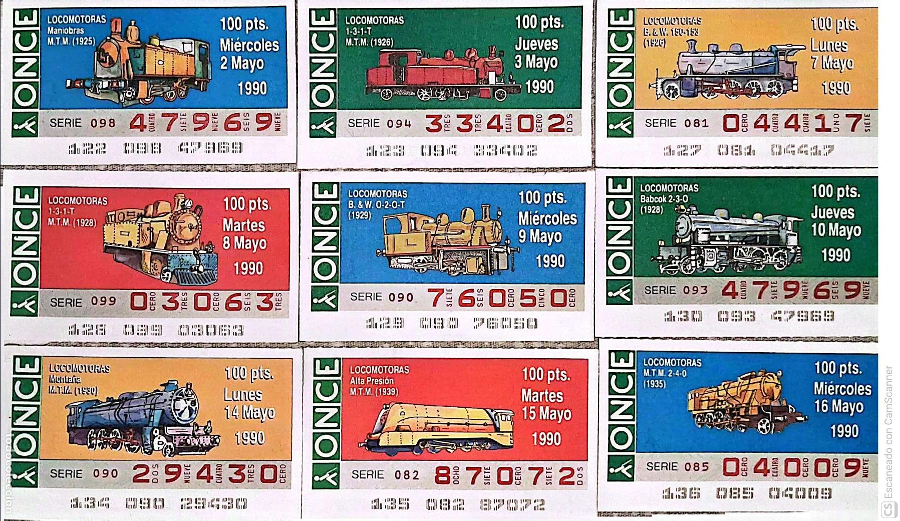 Billets ONCE: ONCE. 18 Cupones distintos. Locomotoras Los n&uacute;meros pueden variar. Perfecto estado de conservaci&oacute;n.