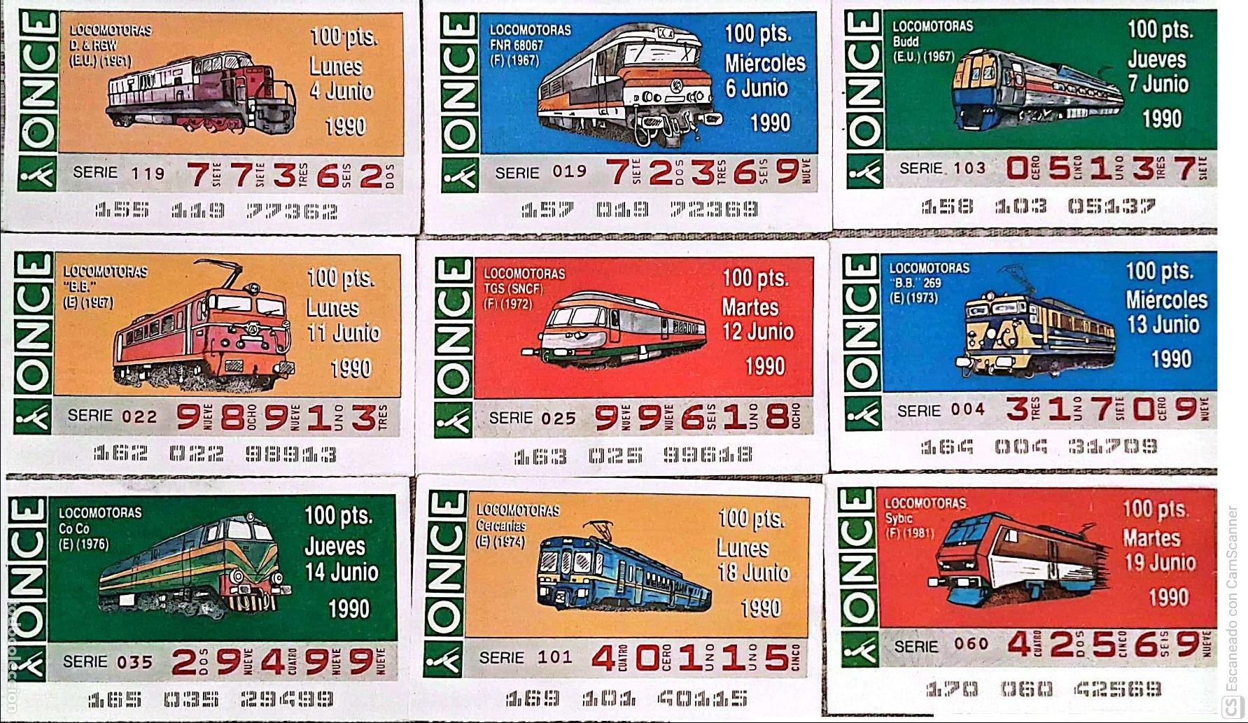 ONCE Coupons: ONCE. 18 Cupones distintos. Locomotoras Los n&uacute;meros pueden variar. Perfecto estado de conservaci&oacute;n.
