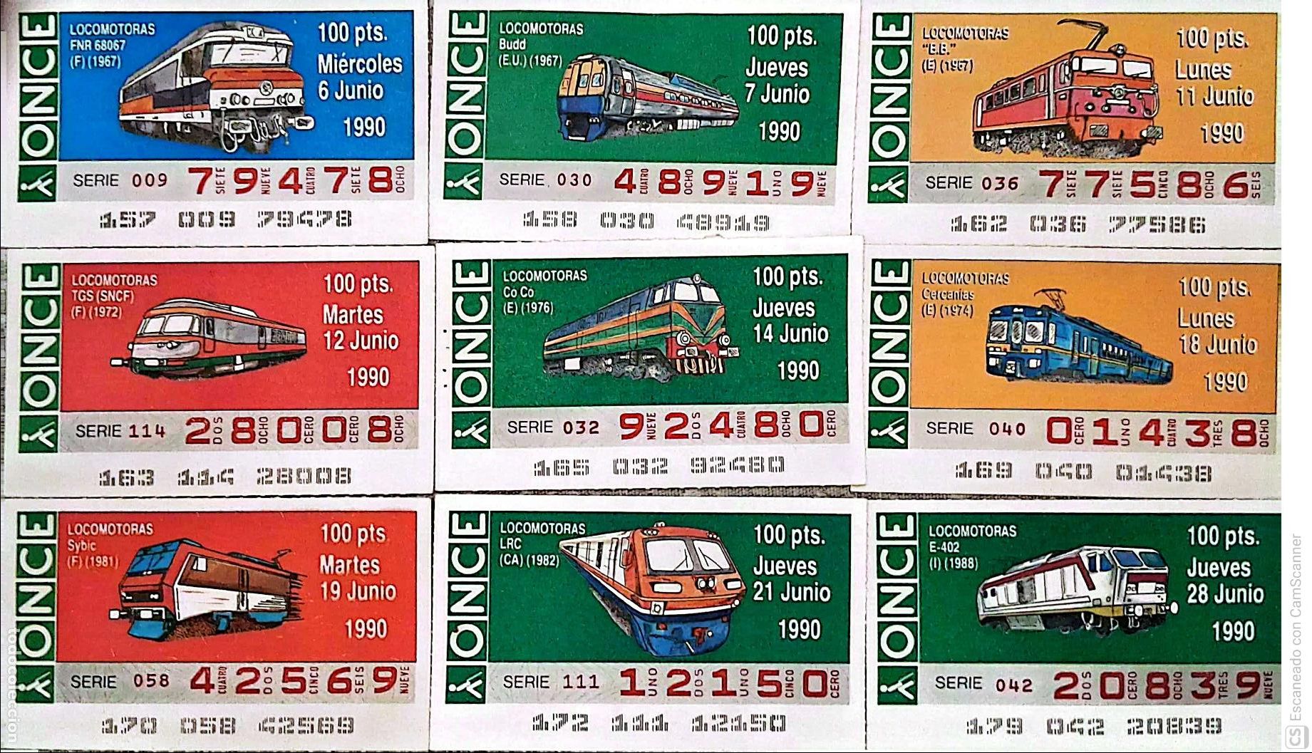 ONCE Coupons: ONCE. 18 Cupones distintos. Locomotoras Los n&uacute;meros pueden variar. Perfecto estado de conservaci&oacute;n.