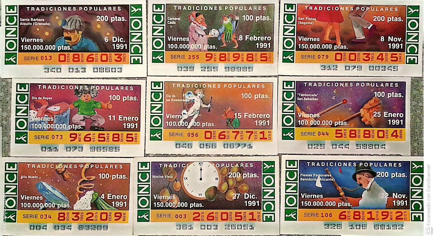 Bilhetes ONCE: ONCE. 18 Cupones distintos. Tradiciones populares Los n&uacute;meros pueden variar. Perfecto estado de cons