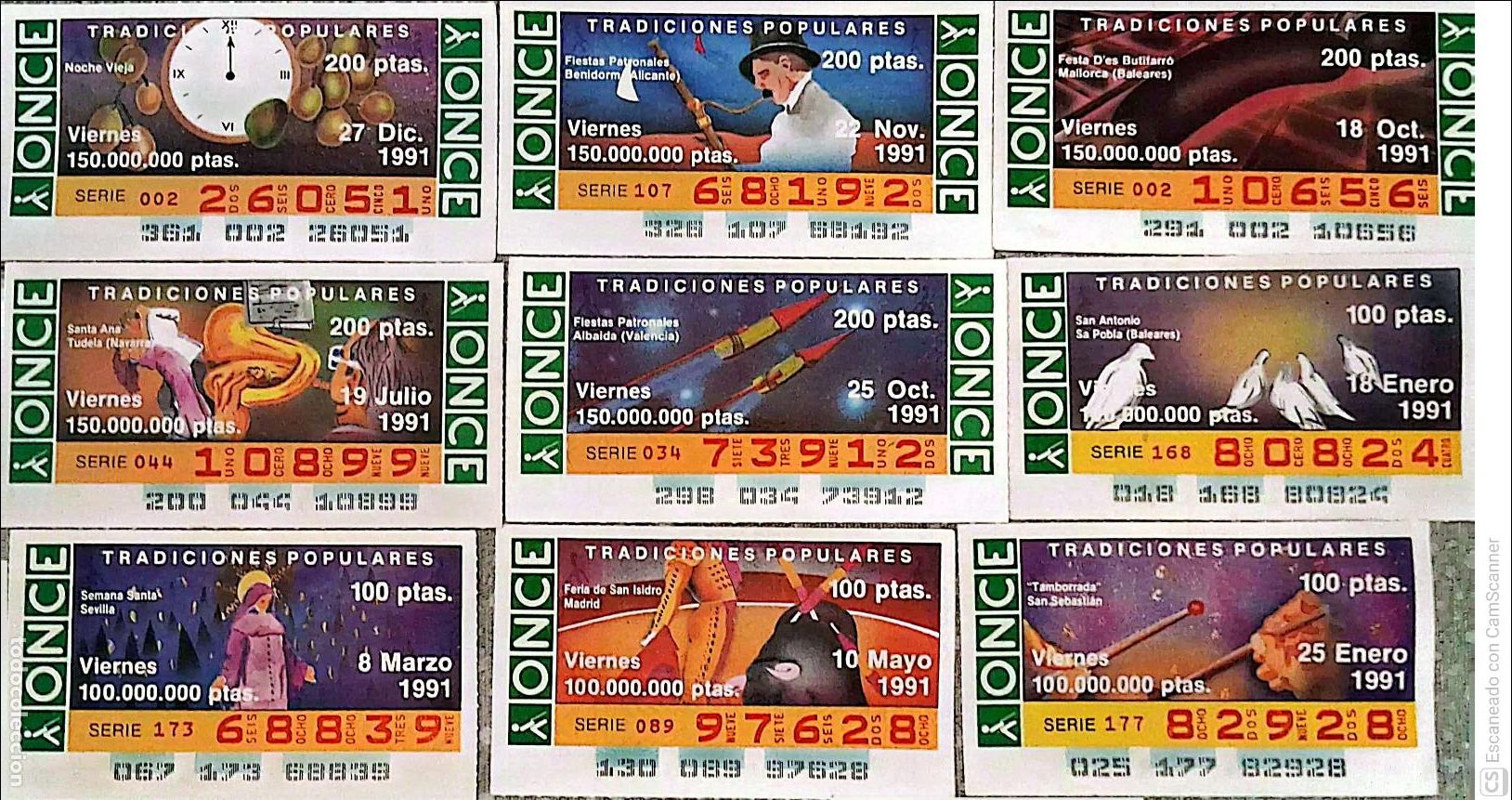Bilhetes ONCE: ONCE. 18 Cupones distintos. Tradiciones populares Los n&uacute;meros pueden variar. Perfecto estado de cons