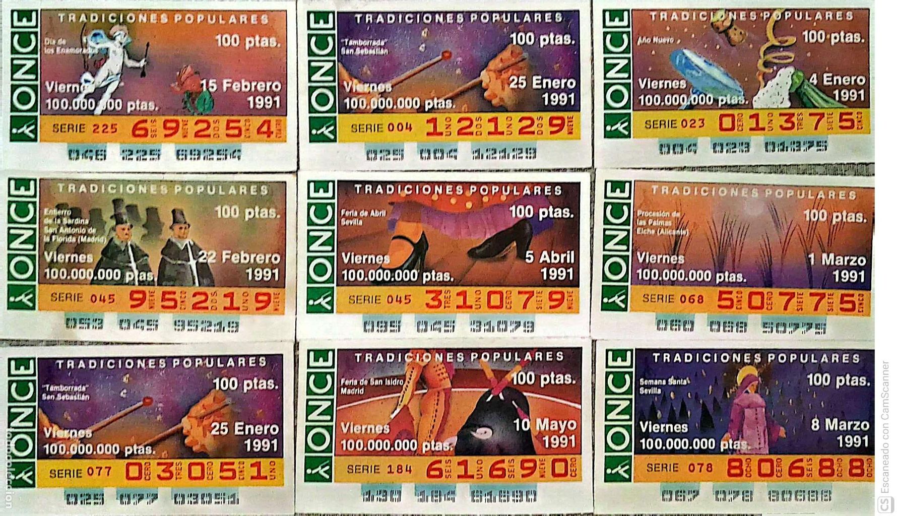 Bilhetes ONCE: ONCE. 18 Cupones distintos. Tradiciones populares Los n&uacute;meros pueden variar. Perfecto estado de cons